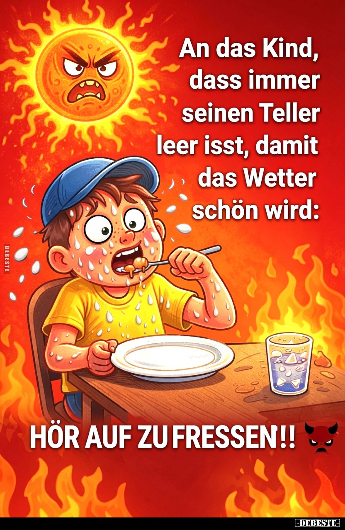 An das Kind, dass immer seinen Teller leer isst, damit das Wetter schön wird:
HÖR AUF ZU FRESSEN!!
