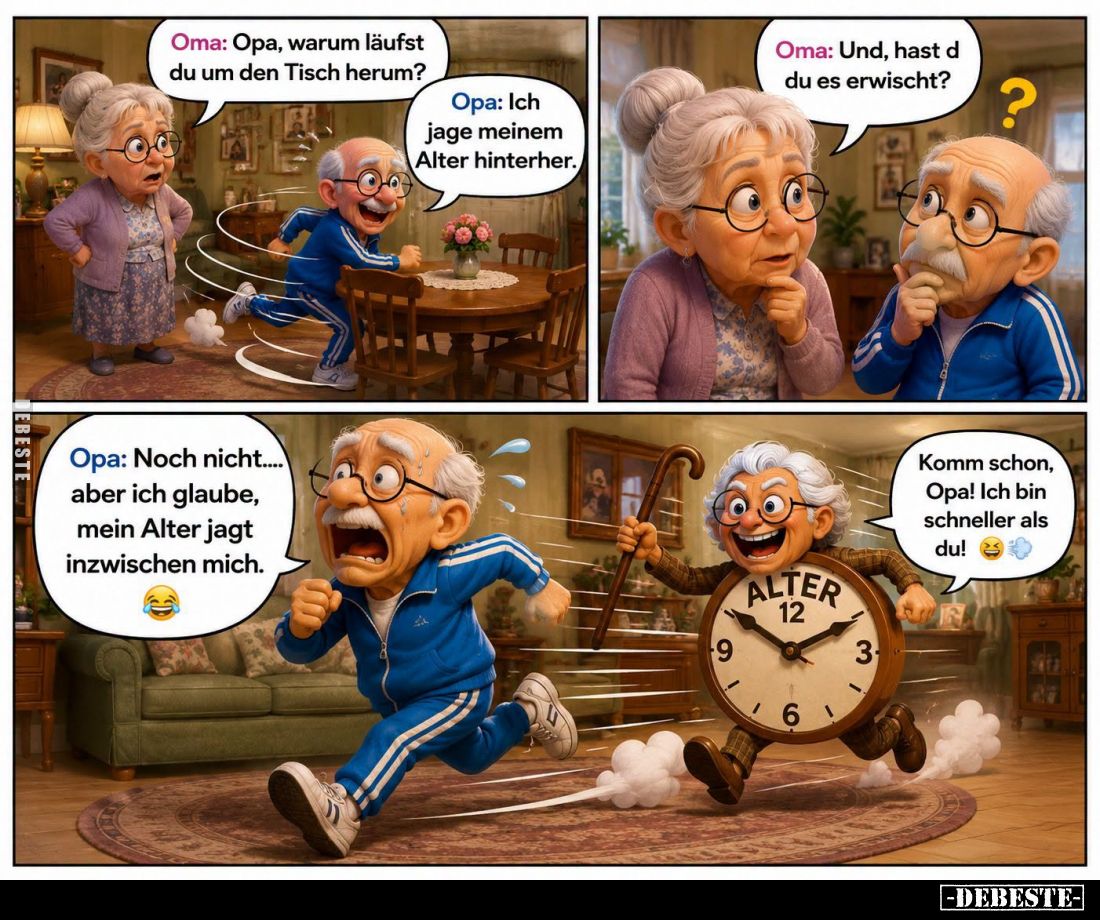 Opa, warum läufst du um den Tisch herum?
- Ich jage meinem Alter hinterher.
- Und, hast d du es erwischt?
- Noch nicht.......