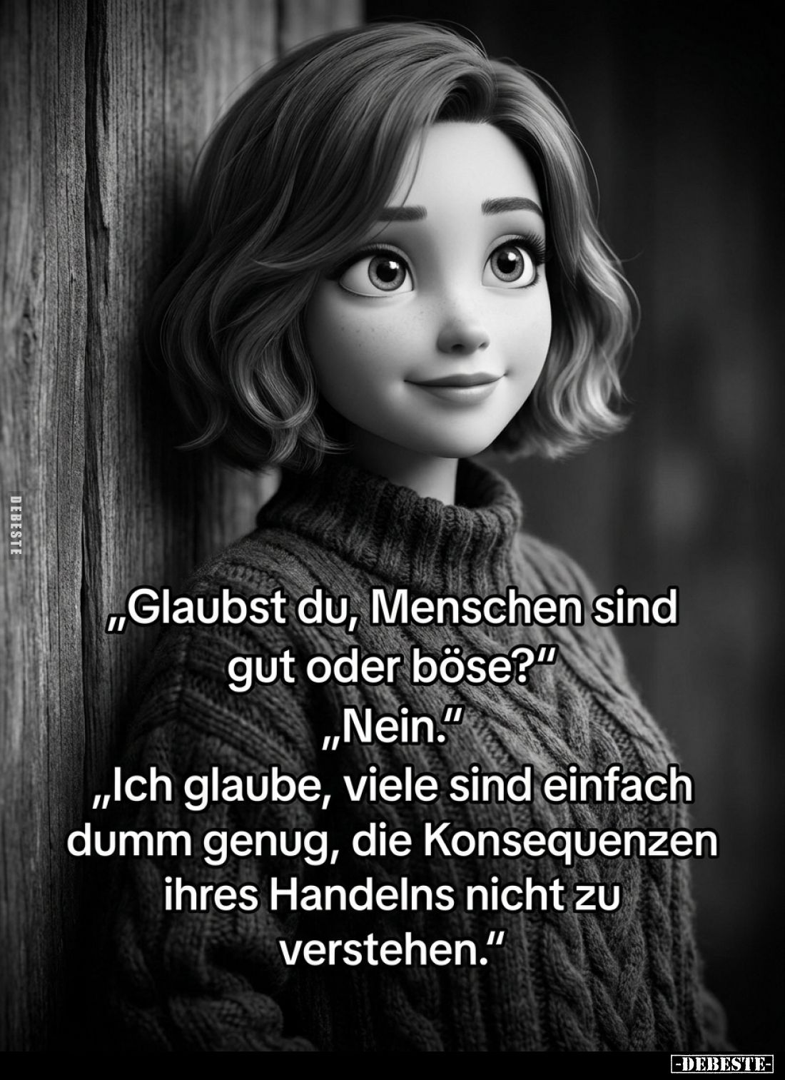 "Glaubst du, Menschen sind gut oder böse?" - 
"Nein." -
"Ich glaube, viele sind einfach dumm genug...