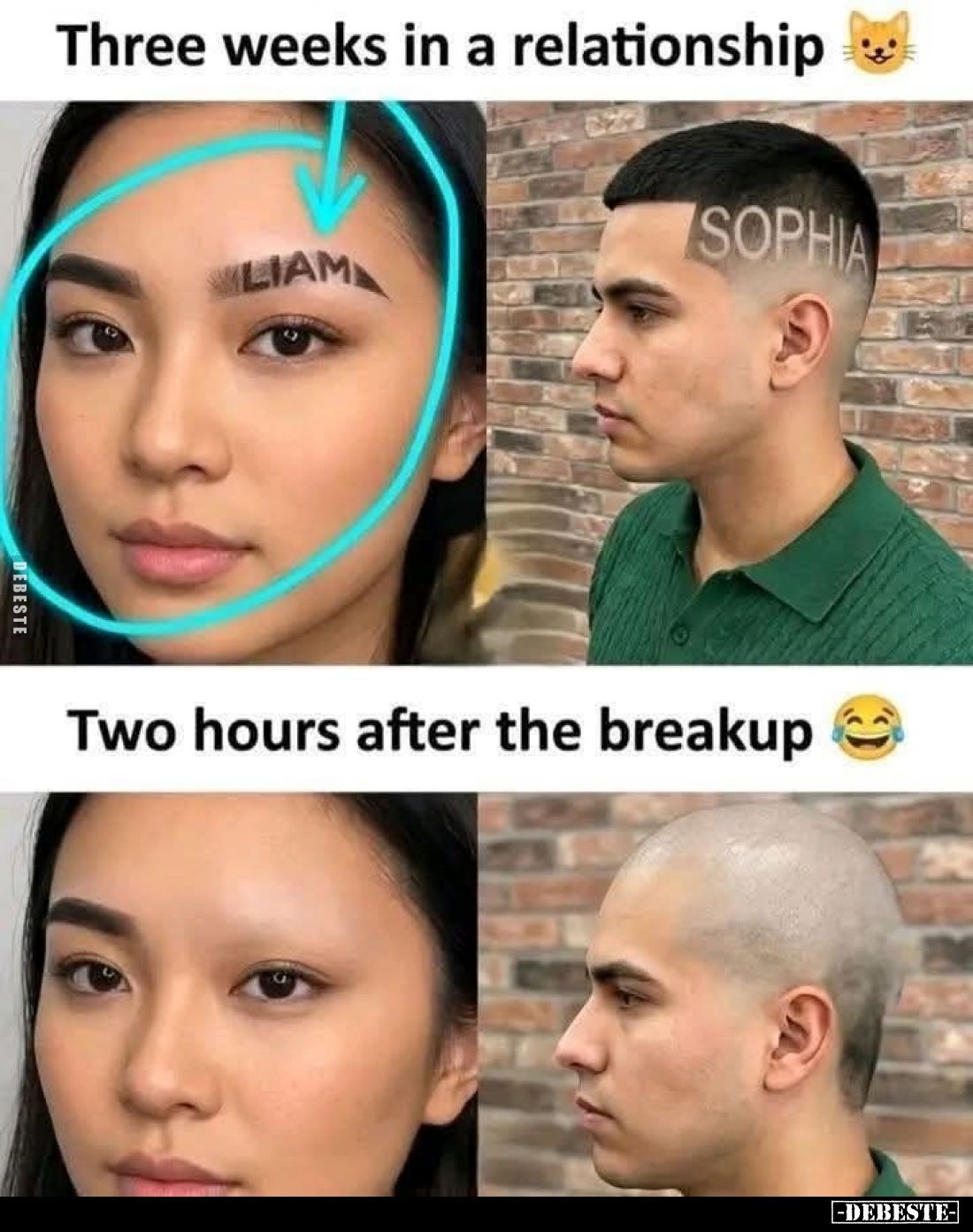 Three weeks in a relationship.
-
Two hours after the breakup.