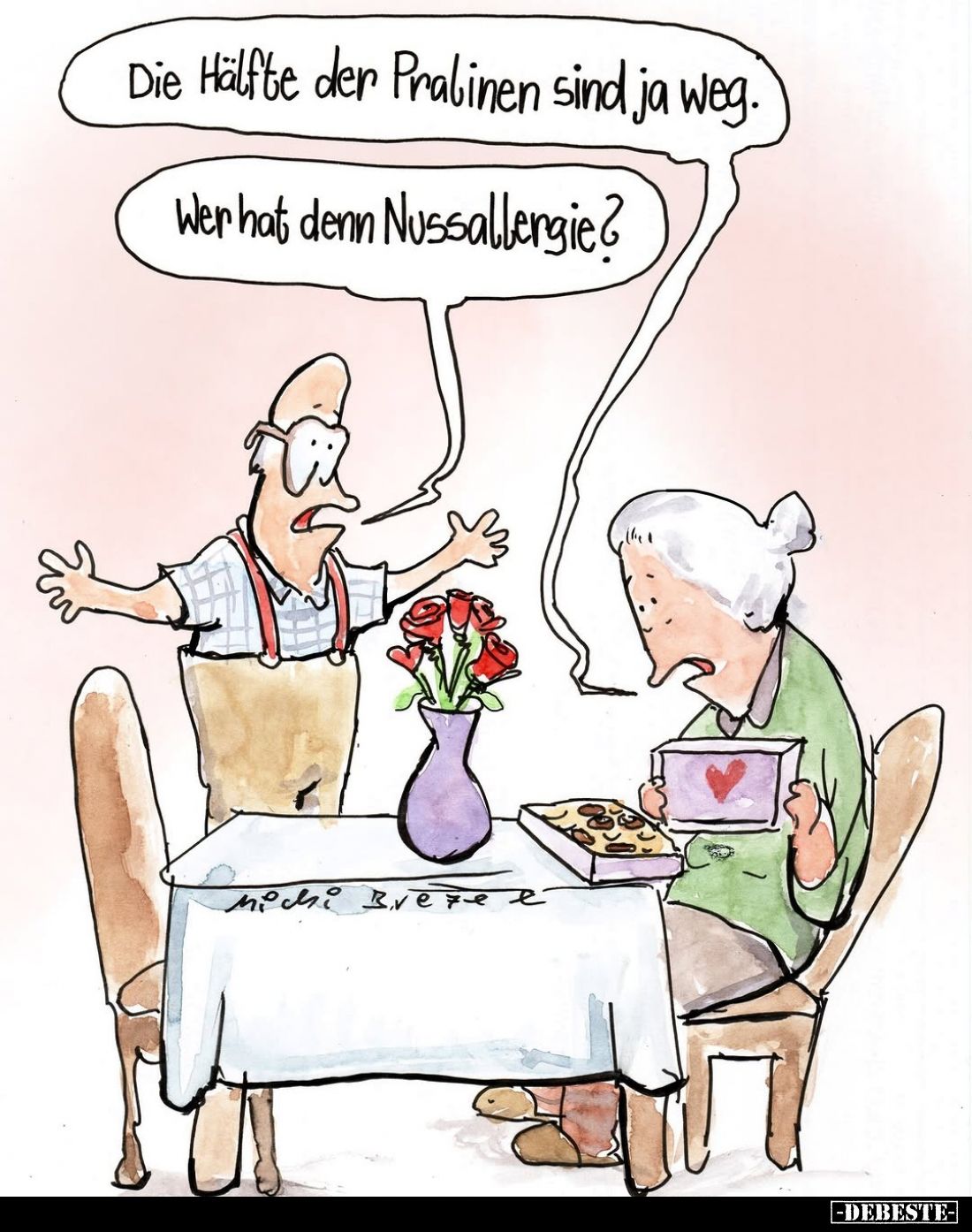 Die Hälfte der Pralinen sind ja weg. -
Wer hat denn Nussallergie?