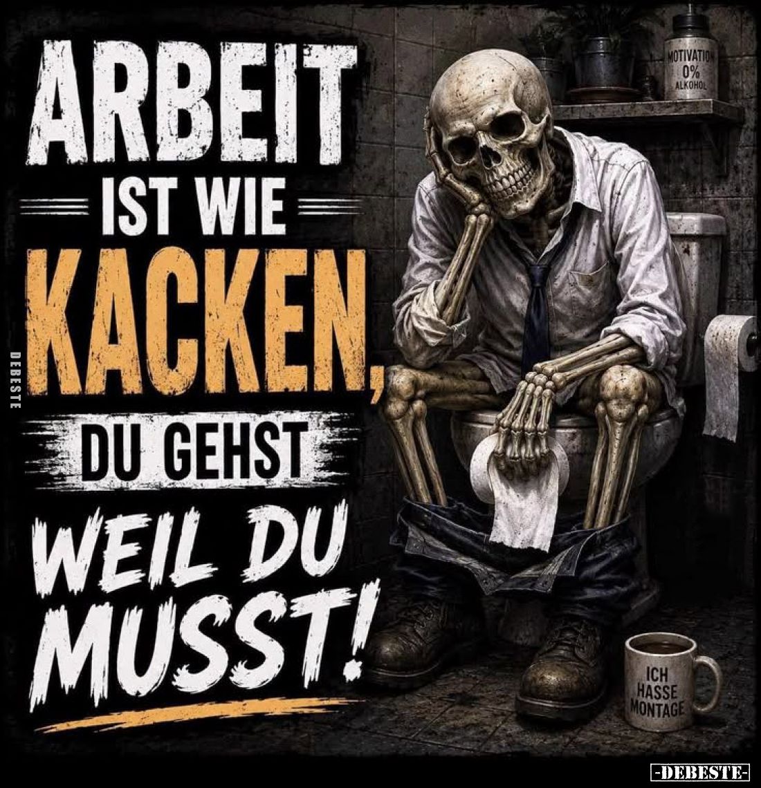 Arbeit
ist wie
Kacken.
Du gehst
weil du musst!
