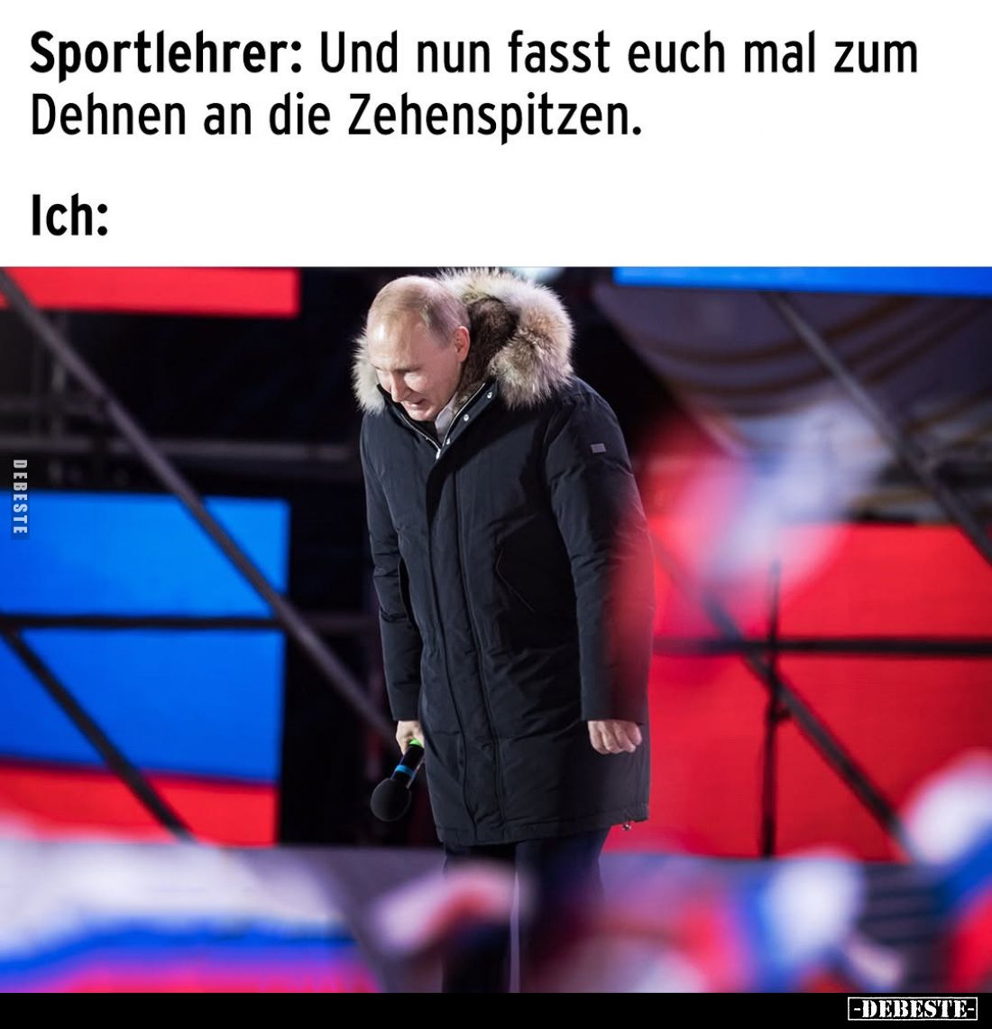 Sportlehrer: Und nun fasst euch mal zum Dehnen an die Zehenspitzen.