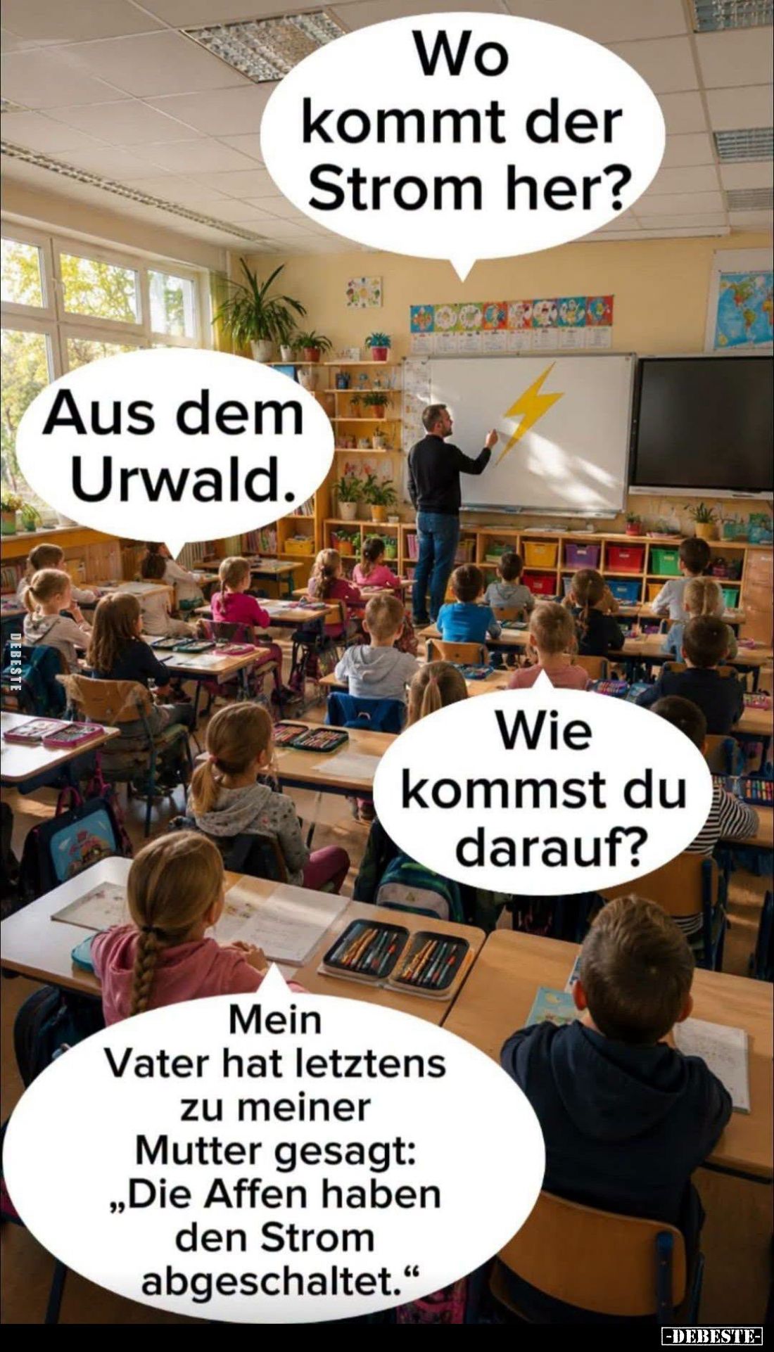 Wo kommt der Strom her? -
Aus dem Urwald. -
Wie kommst du darauf? -
Mein Vater hat letztens zu meiner Mutter gesagt: &quot...