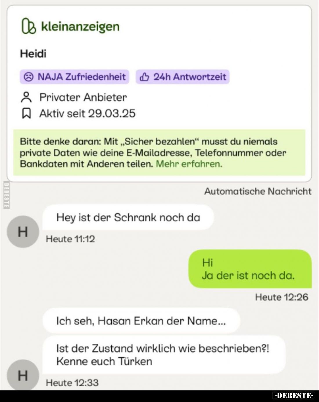 Bitte denke daran: Mit „Sicher bezahlen" musst du niemals private Daten wie deine E-Mailadresse, Telefonnummer oder Bank...