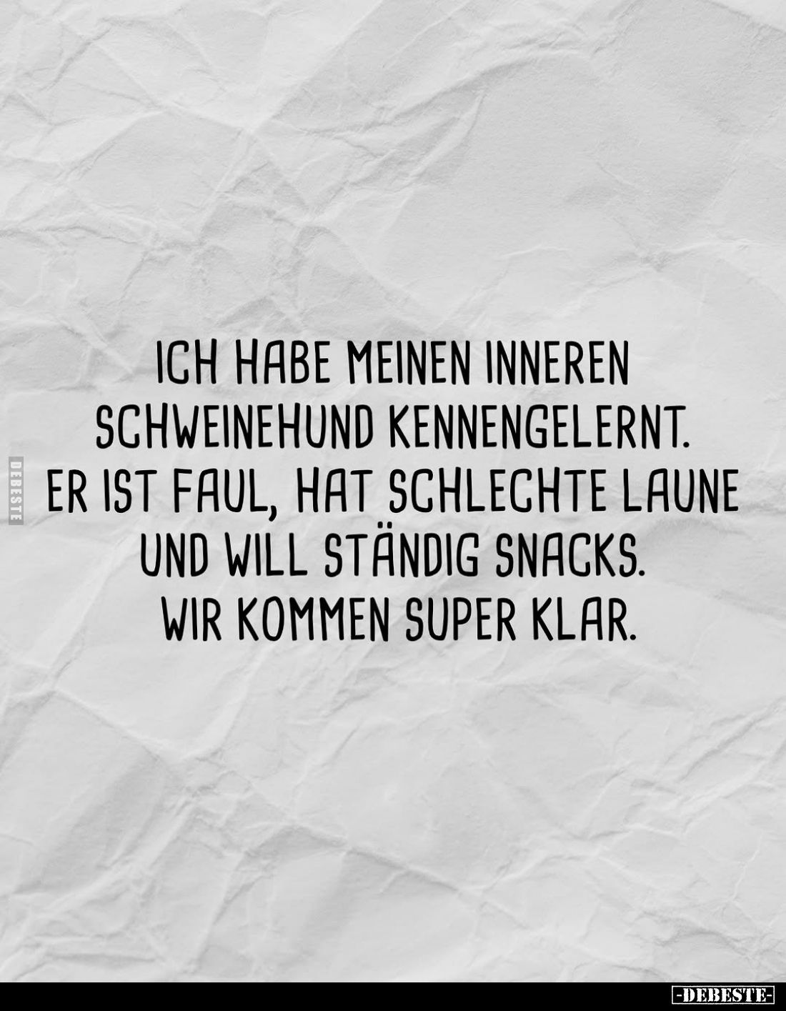 Ich habe meinen inneren Schweinehund kennengelernt. Er ist faul, hat schlechte Laune und will ständig Snacks. Wir kommen supe...