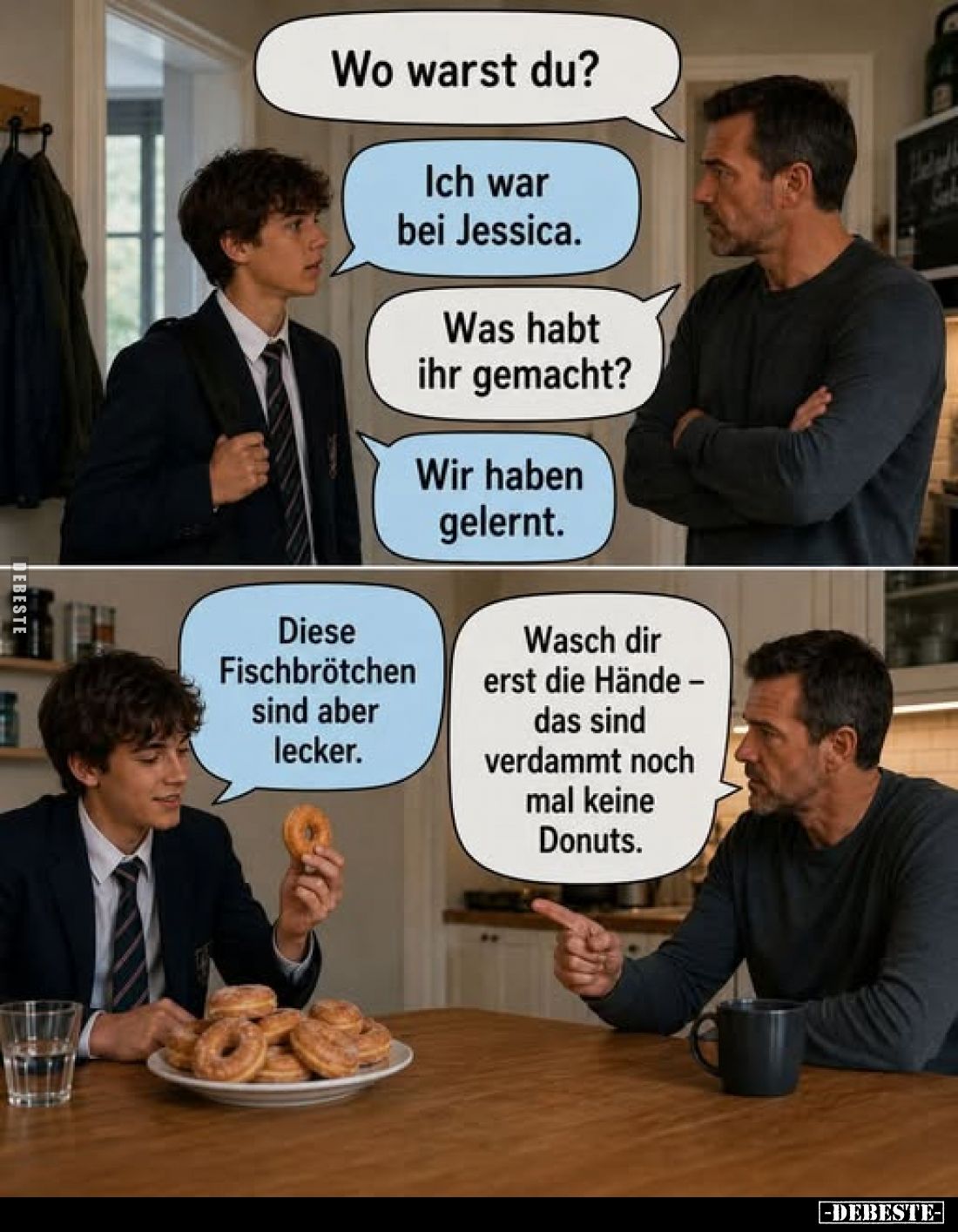 Wo warst du?
Ich war bei Jessica.
Was habt ihr gemacht?
Wir haben gelernt.

Diese Fischbrötchen sind aber lecker.
Wasch...