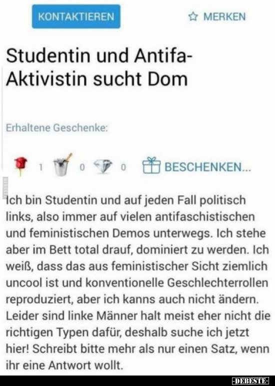 Studentin und Antifa-Aktivistin sucht Dom.. - Lustige Bilder | DEBESTE.de
