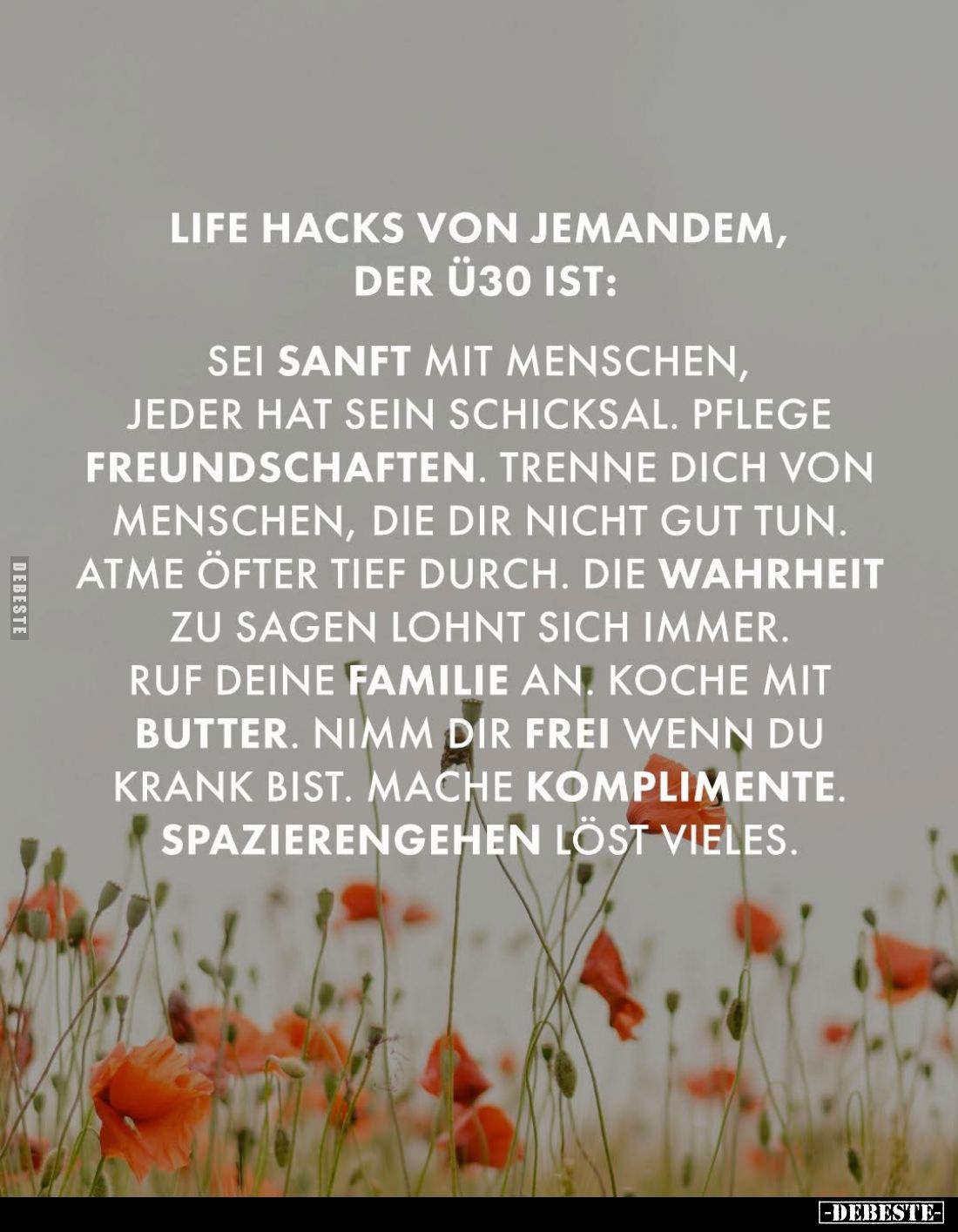 Life Hacks von jemandem, der ü30 ist:
Sei sanft mit Menschen, jeder hat sein Schicksal.Ppflege Freundschaften. Trenne dich v...