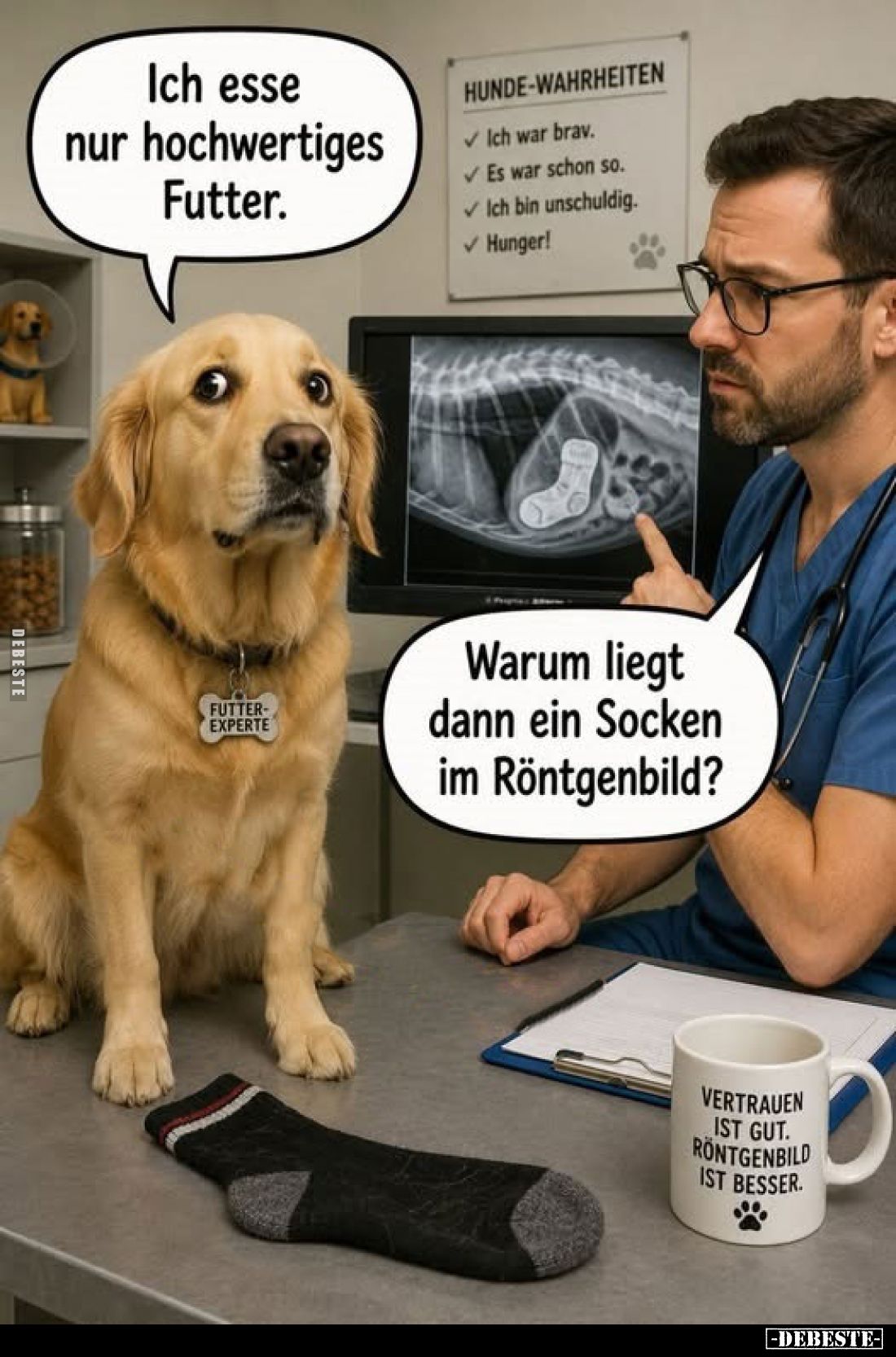 Ich esse nur hochwertiges Futter.
-
Warum liegt dann ein Socken im Röntgenbild?