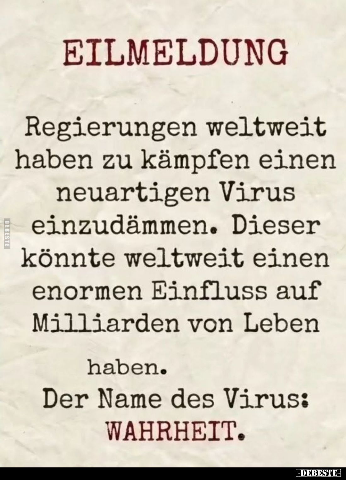 Eilmeldung:
Regierungen weltweit haben zu kämpfen einen neuartigen Virus einzudämmen. Dieser könnte weltweit einen enormen E...
