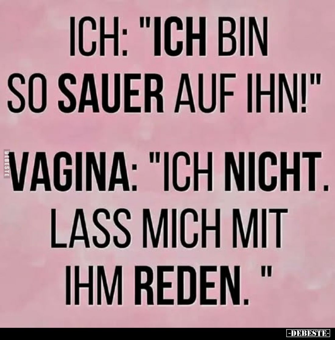 Ich: "Ich bin so sauer auf ihn!" -
Vagina: "Ich nicht. Lass mich mit ihm reden."