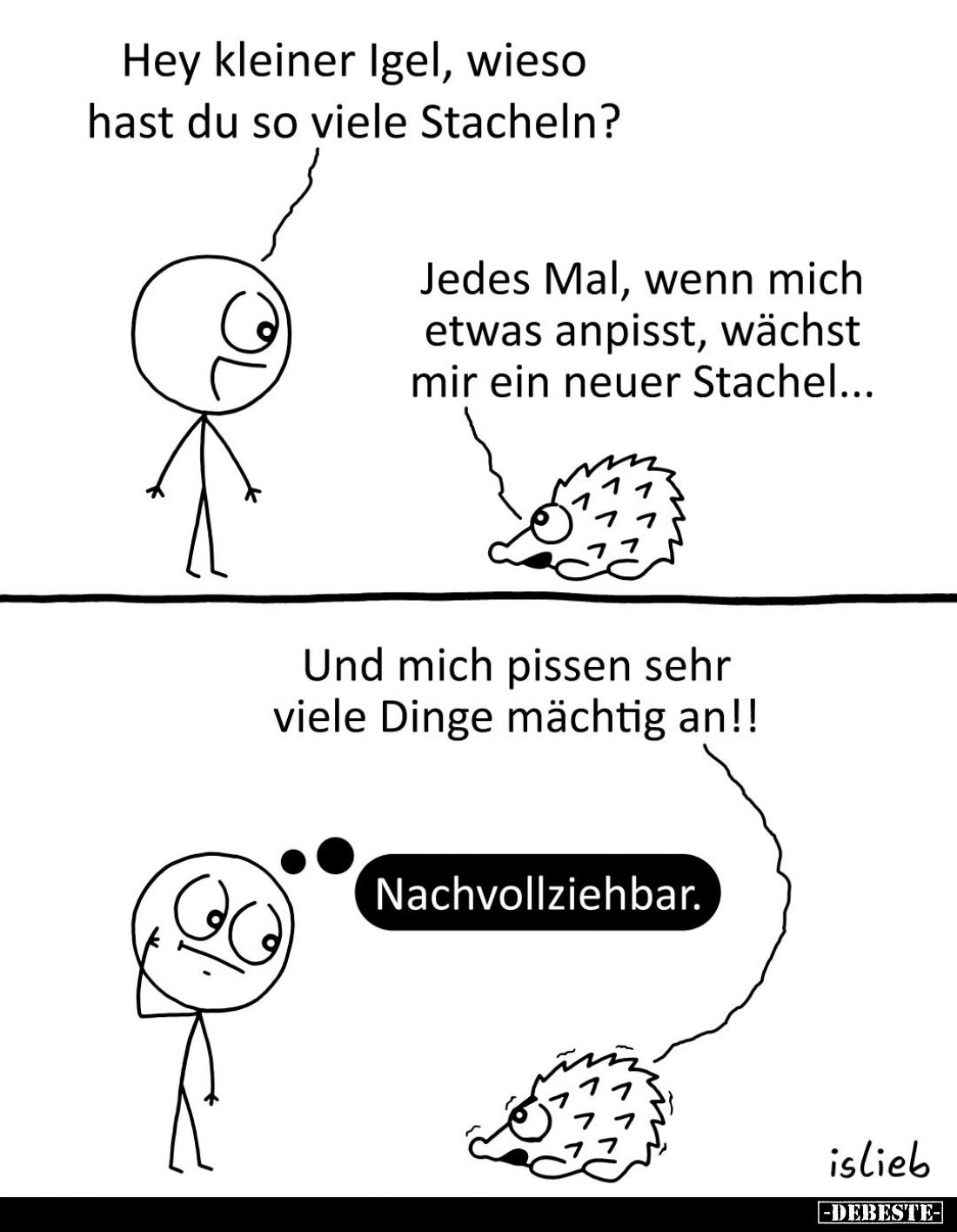 Hey kleiner Igel, wieso hast du so viele Stacheln?
Jedes Mal, wenn mich etwas anpisst, wächst mir ein neuer Stachel...
Und ...