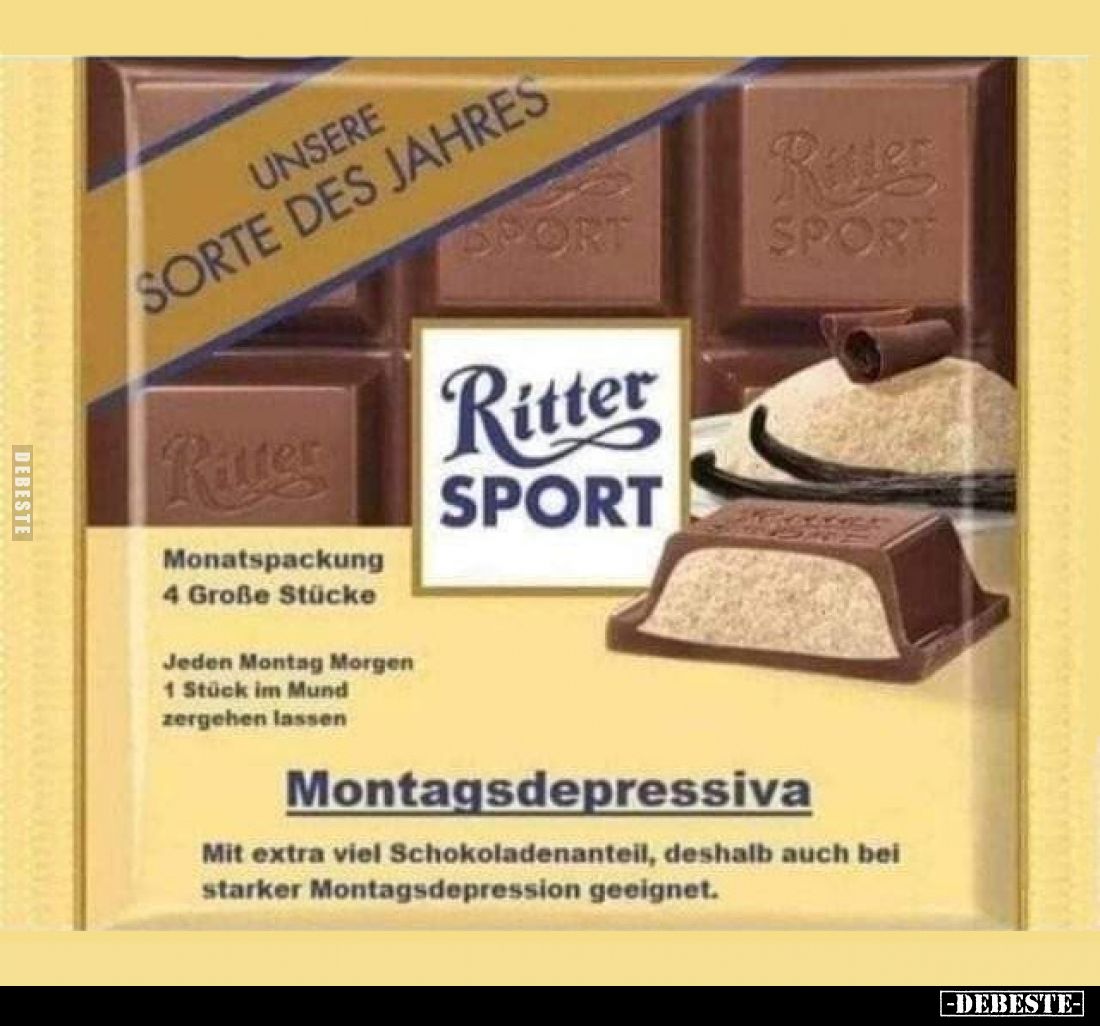 Unsere Sorte des Jahres
-
Ritter SPORT

Monatspackung
4 Große Stücke
-
Jeden Montag Morgen
1 Stück im Mund zergehen l...