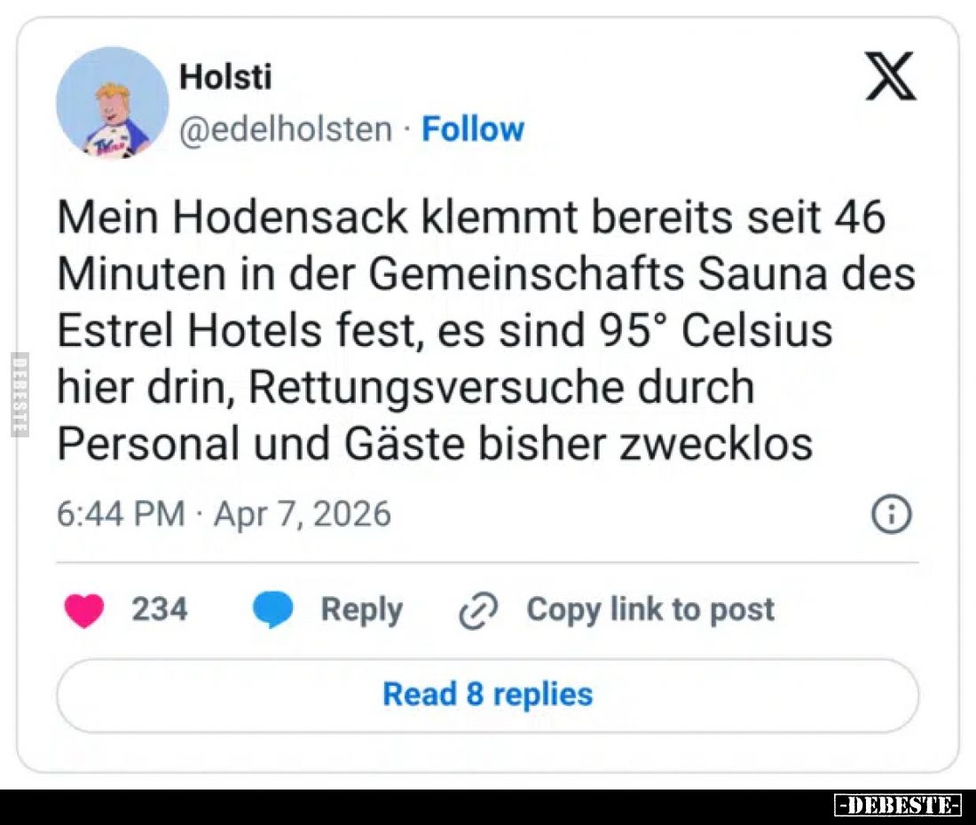 Mein Hodensack klemmt bereits seit 46 Minuten in der Gemeinschafts Sauna des Estrel Hotels fest, es sind 95° Celsius hier dri...