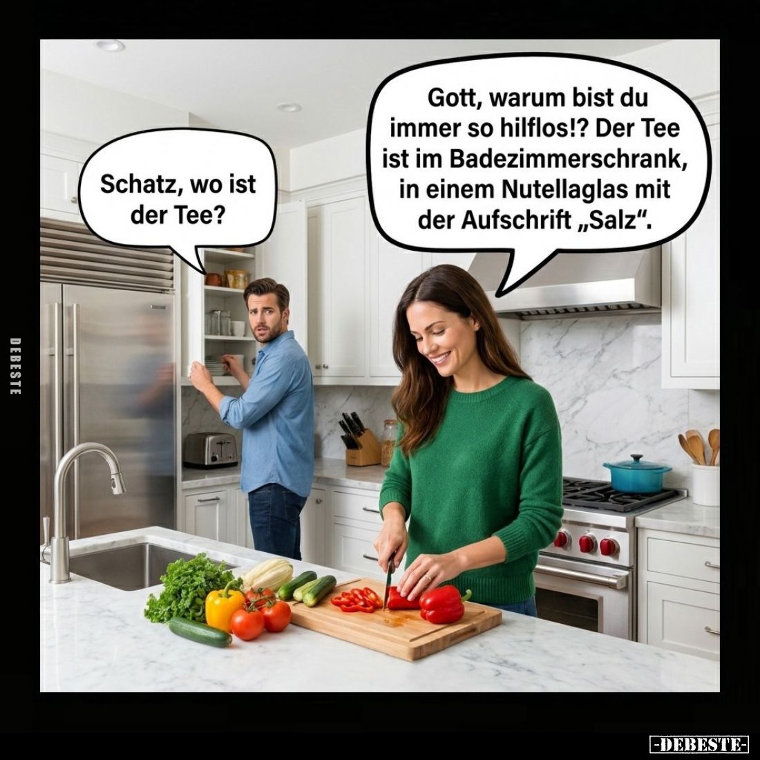 Schatz, wo ist der Tee?
-
Gott, warum bist du immer so hilflos!? Der Tee ist im Badezimmerschrank, in einem Nutellaglas mit...
