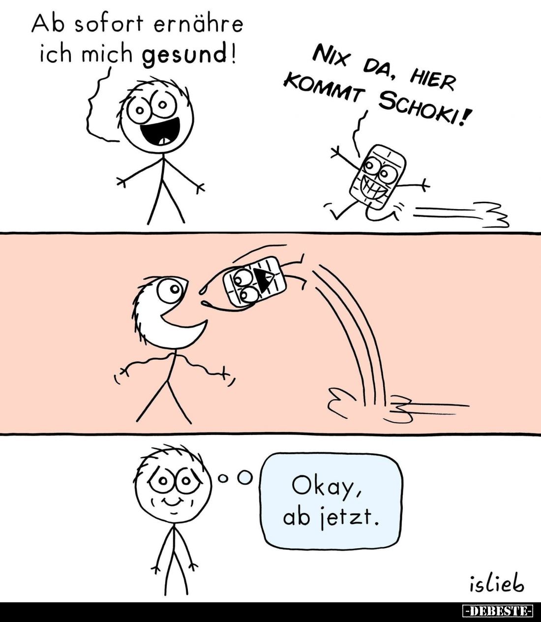 Ab sofort ernähre ich mich gesund!
- Nix da, hier kommt Schoki!
- Okay, ab jetzt.