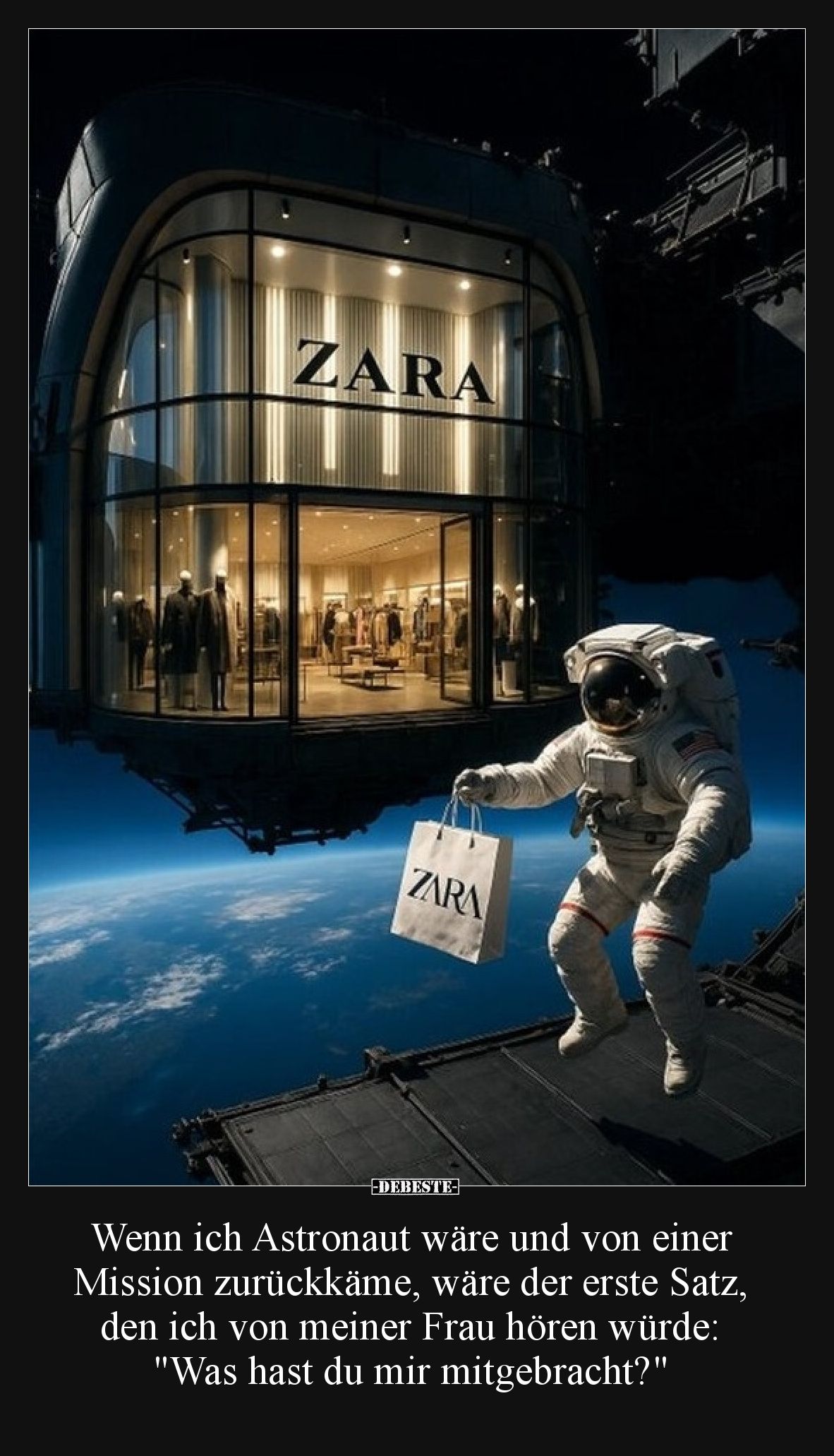Wenn ich Astronaut wäre und von einer Mission zurückkäme, wäre der erste Satz, den ich von meiner Frau hören würde: "Was...