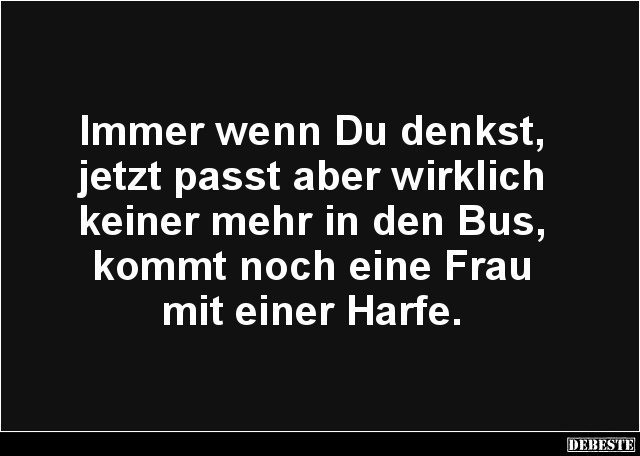Immer wenn Du denkst,
jetzt passt aber wirklich
keiner mehr in den Bus,
kommt noch eine Frau
mit einer Harfe....