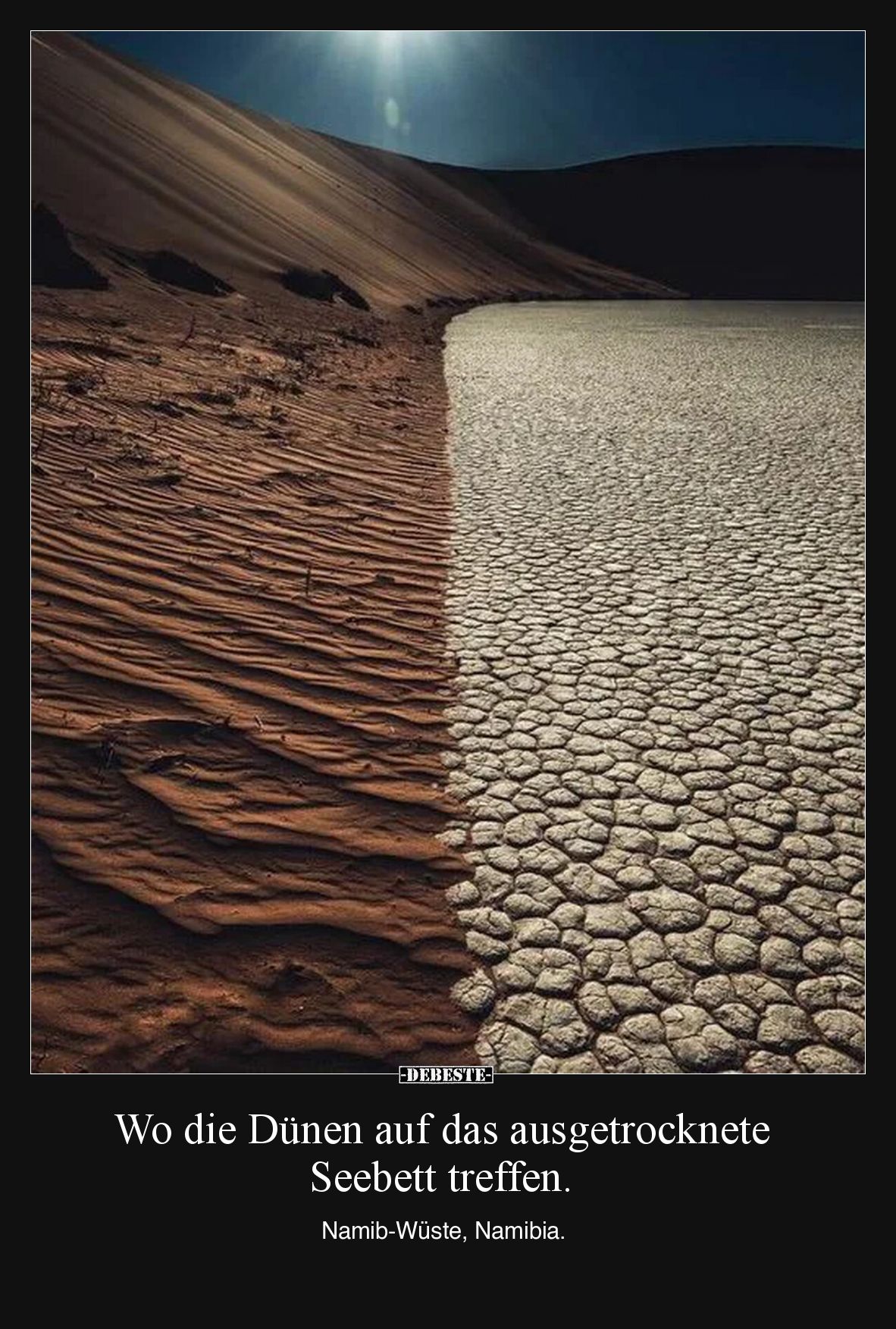 Wo die Dünen auf das ausgetrocknete Seebett treffen.
Namib-Wüste, Namibia.