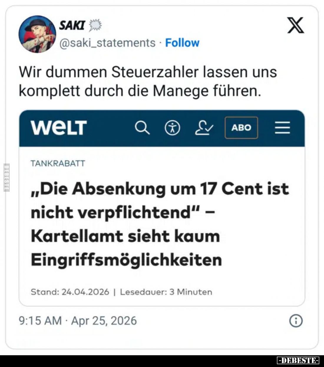 Wir dummen Steuerzahler lassen uns komplett durch die Manege führen.
Die Absenkung um 17 Cent ist nicht verpflichtend – Kart...