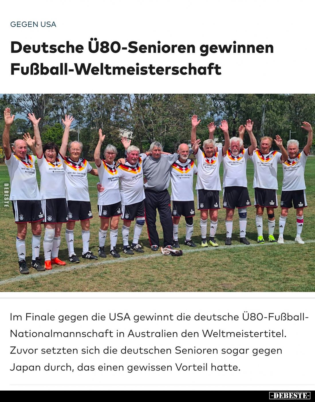 Deutsche Ü80-Senioren gewinnen Fußball-Weltmeisterschaft.
Im Finale gegen die USA gewinnt die deutsche Ü80-Fußball-Nationa...