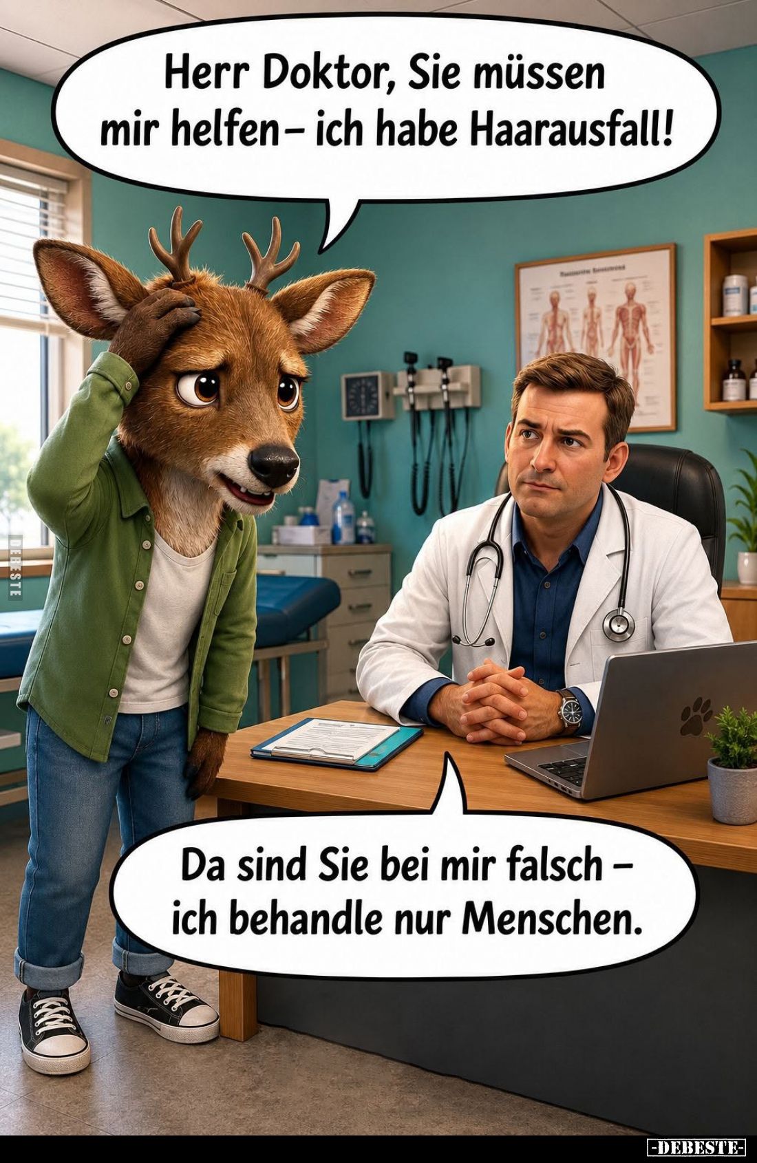 Herr Doktor, Sie müssen mir helfen - ich habe Haarausfall! -
Da sind Sie bei mir falsch - ich behandle nur Menschen.