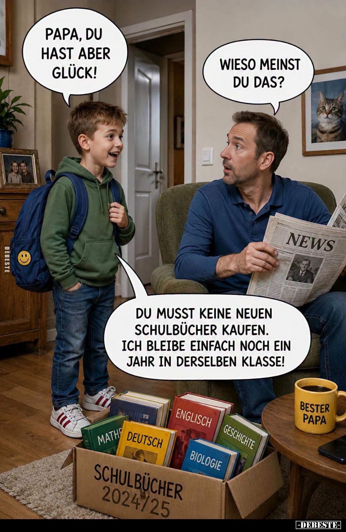 Papa, du hast aber Glück! -
Wieso meinst du das?
-
Du musst keine neuen Schulbücher kaufen.
Ich bleibe einfach noch ein J...