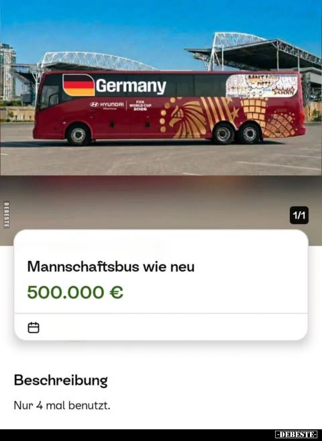 Mannschaftsbus wie neu
-
500.000 €
-
Beschreibung
Nur 4 mal benutzt.