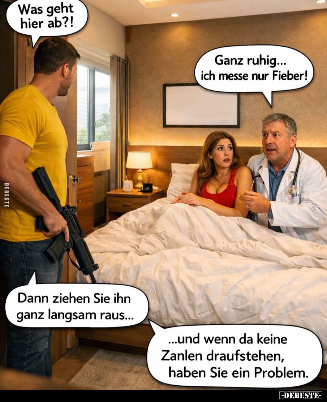 Was geht hier ab?! -
Ganz ruhig... ich messe nur Fieber! - Dann ziehen Sie ihn ganz langsam raus... -
...und wenn da keine ...
