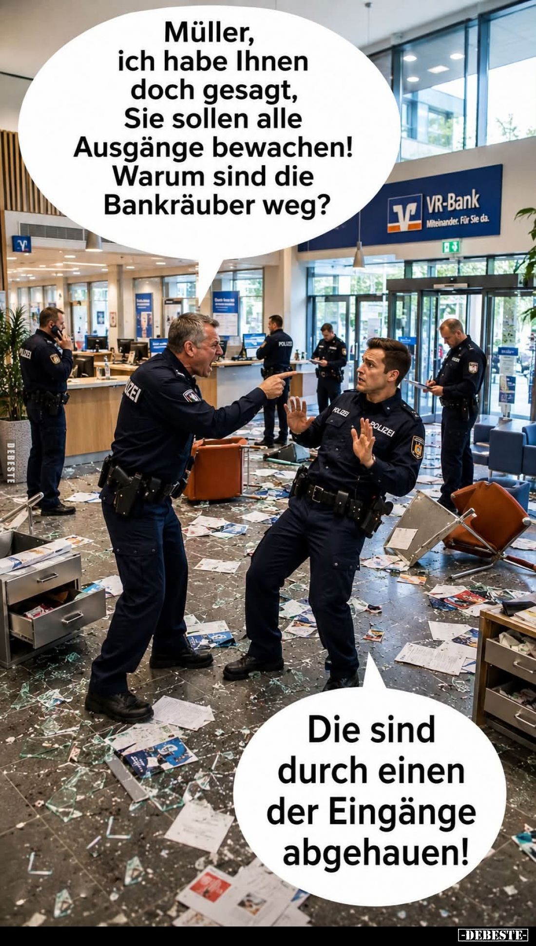 Müller, ich habe Ihnen doch gesagt, Sie sollen alle Ausgänge bewachen! Warum sind die Bankräuber weg? -
Die sind durch einen...