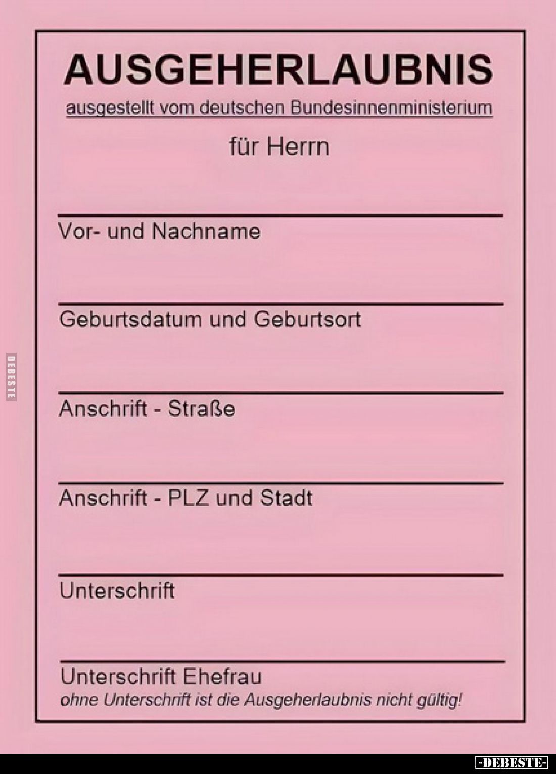AUSGEHERLAUBNIS
ausgestellt vom deutschen Bundesinnenministerium
für Herrn
Vor- und Nachname
Geburtsdatum und Geburtsort...