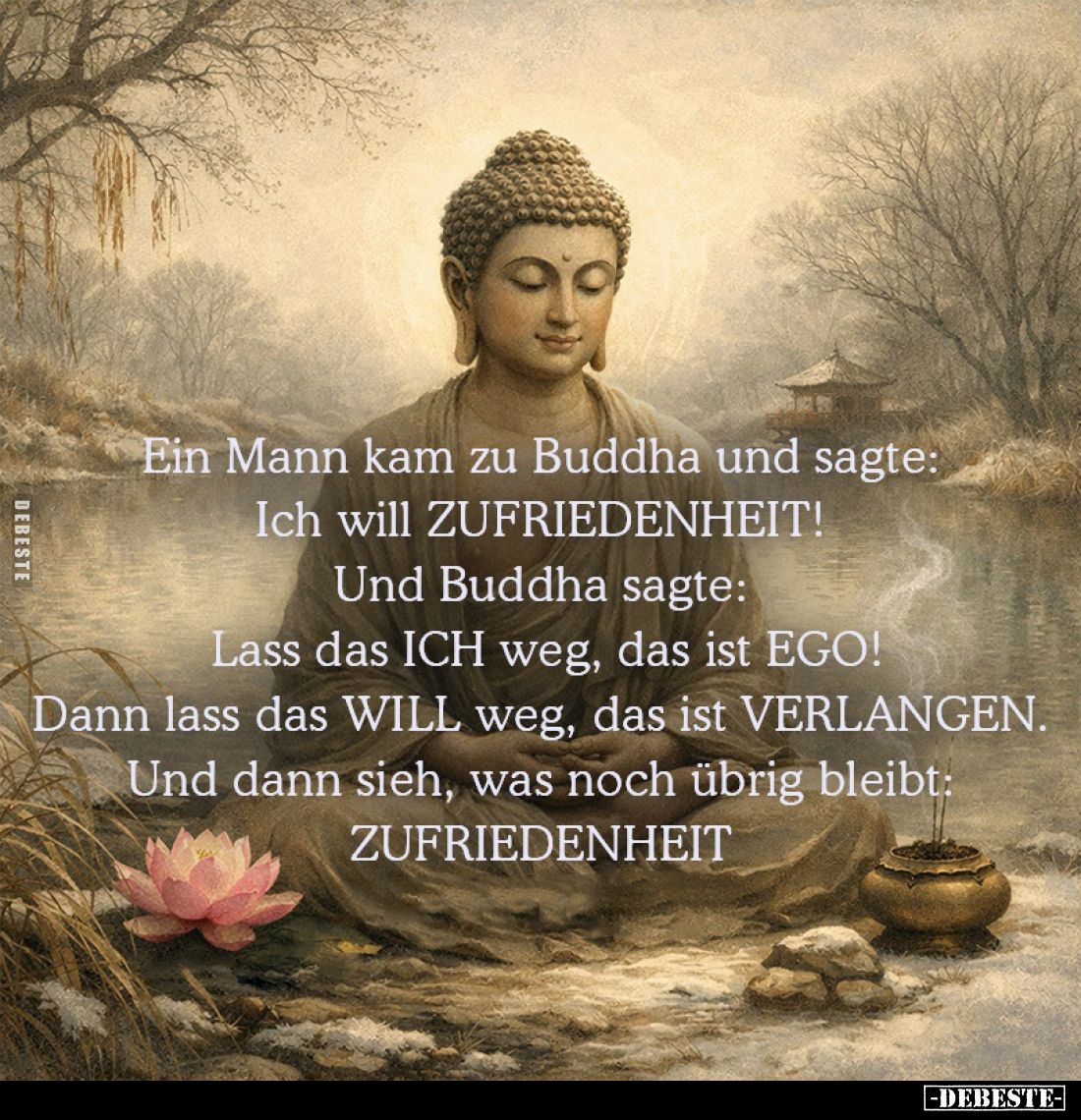 Ein Mann kam zu Buddha und sagte: Ich will ZUFRIEDENHEIT! Und Buddha sagte: Lass das ICH weg, das ist EGO! Dann lass das WILL...