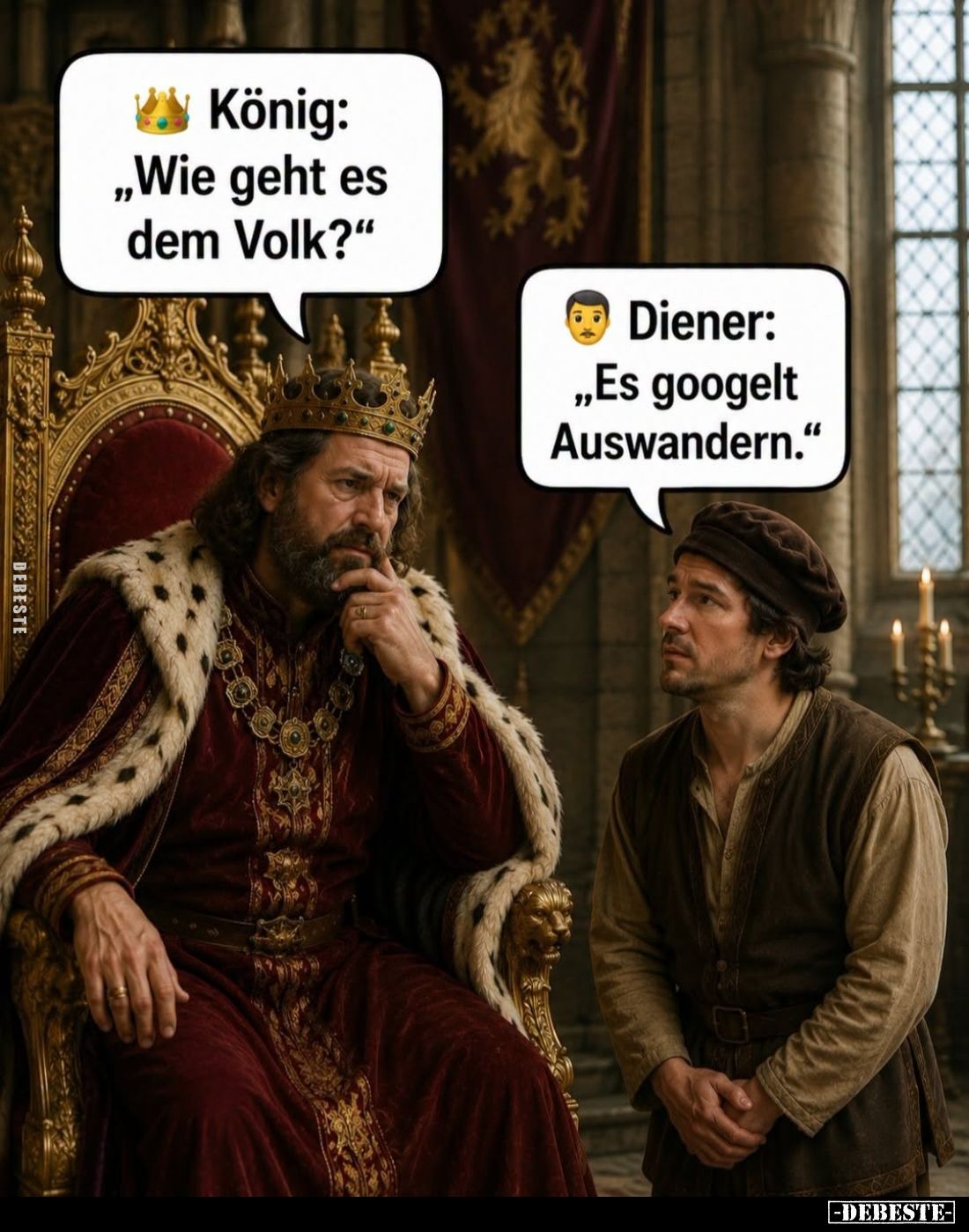 König:
"Wie geht es dem Volk?"
- Diener: "Es googelt Auswandern."