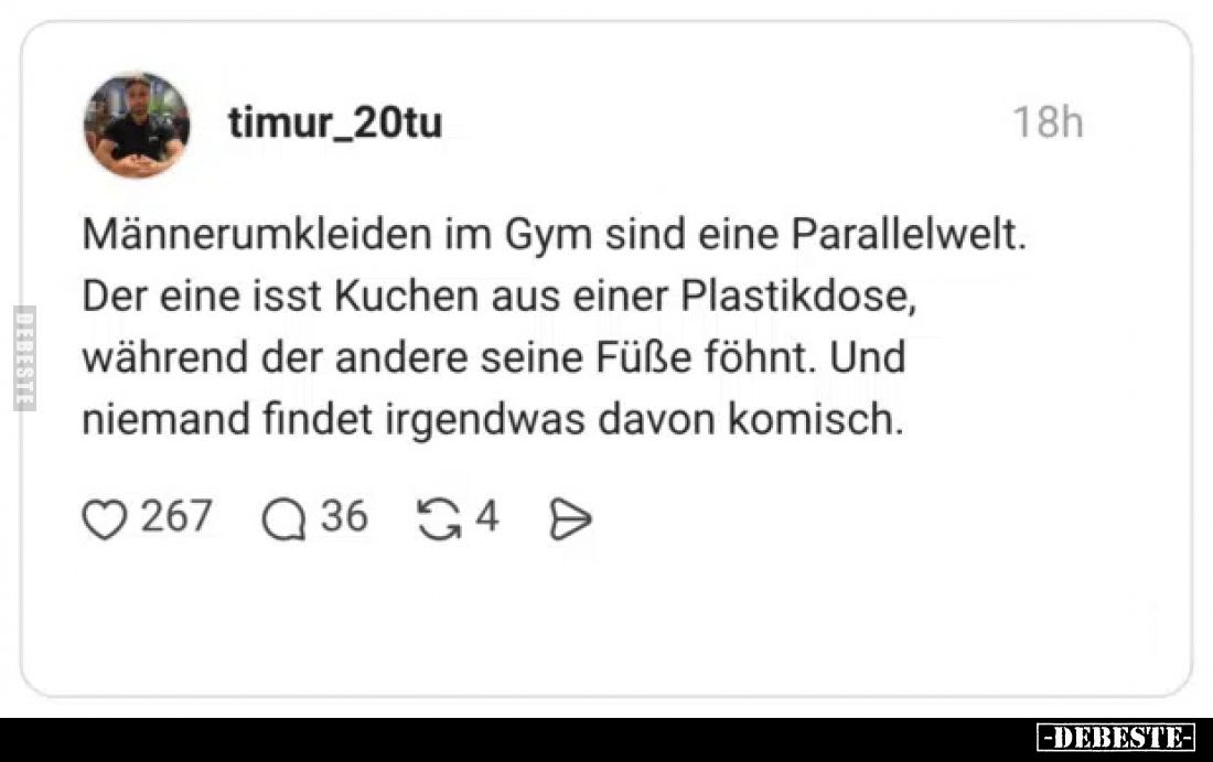 Männerumkleiden im Gym sind eine Parallelwelt.
Der eine isst Kuchen aus einer Plastikdose, während der andere seine Füße föh...
