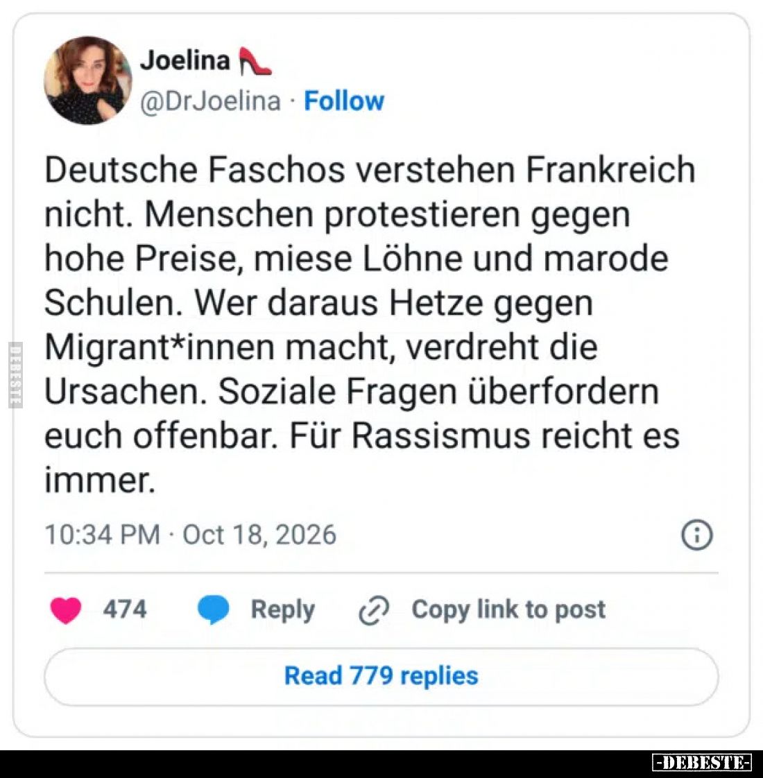 Deutsche Faschos verstehen Frankreich nicht.
Menschen protestieren gegen hohe Preise, miese Löhne und marode Schulen.
Wer d...