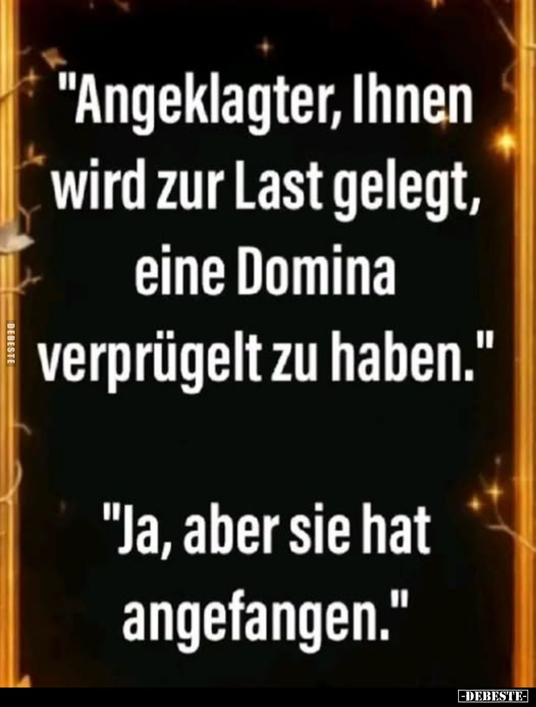 "Angeklagter, Ihnen wird zur Last gelegt, eine Domina verprügelt zu haben."
"Ja, aber sie hat angefangen.&quo...