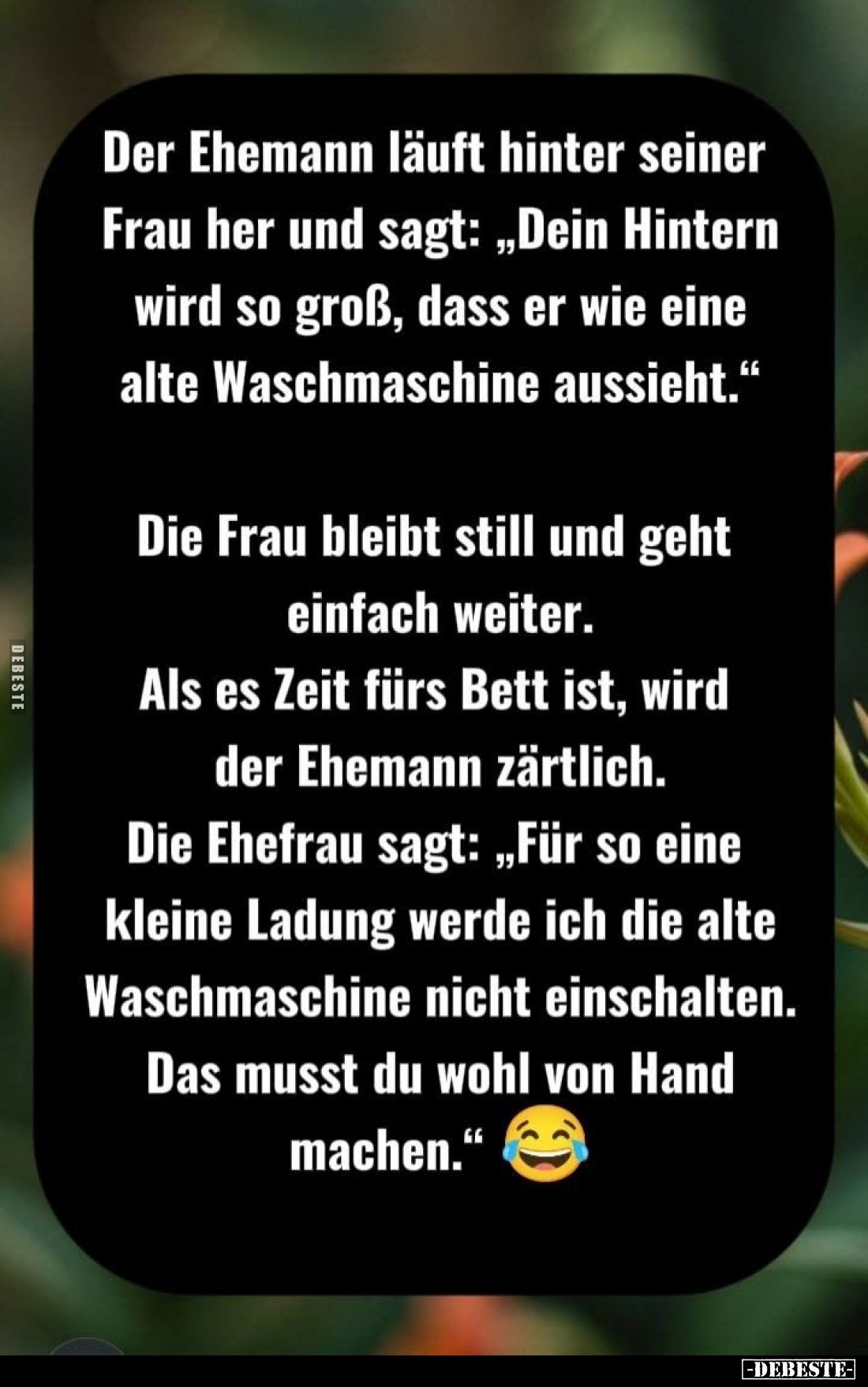 Der Ehemann läuft hinter seiner Frau her und sagt: „Dein Hintern wird so groß, dass er wie eine alte Waschmaschine aussieht.“...