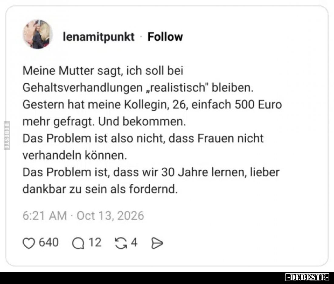 Meine Mutter sagt, ich soll bei Gehaltsverhandlungen „realistisch“ bleiben.
Gestern hat meine Kollegin, 26, einfach 500 Eu...