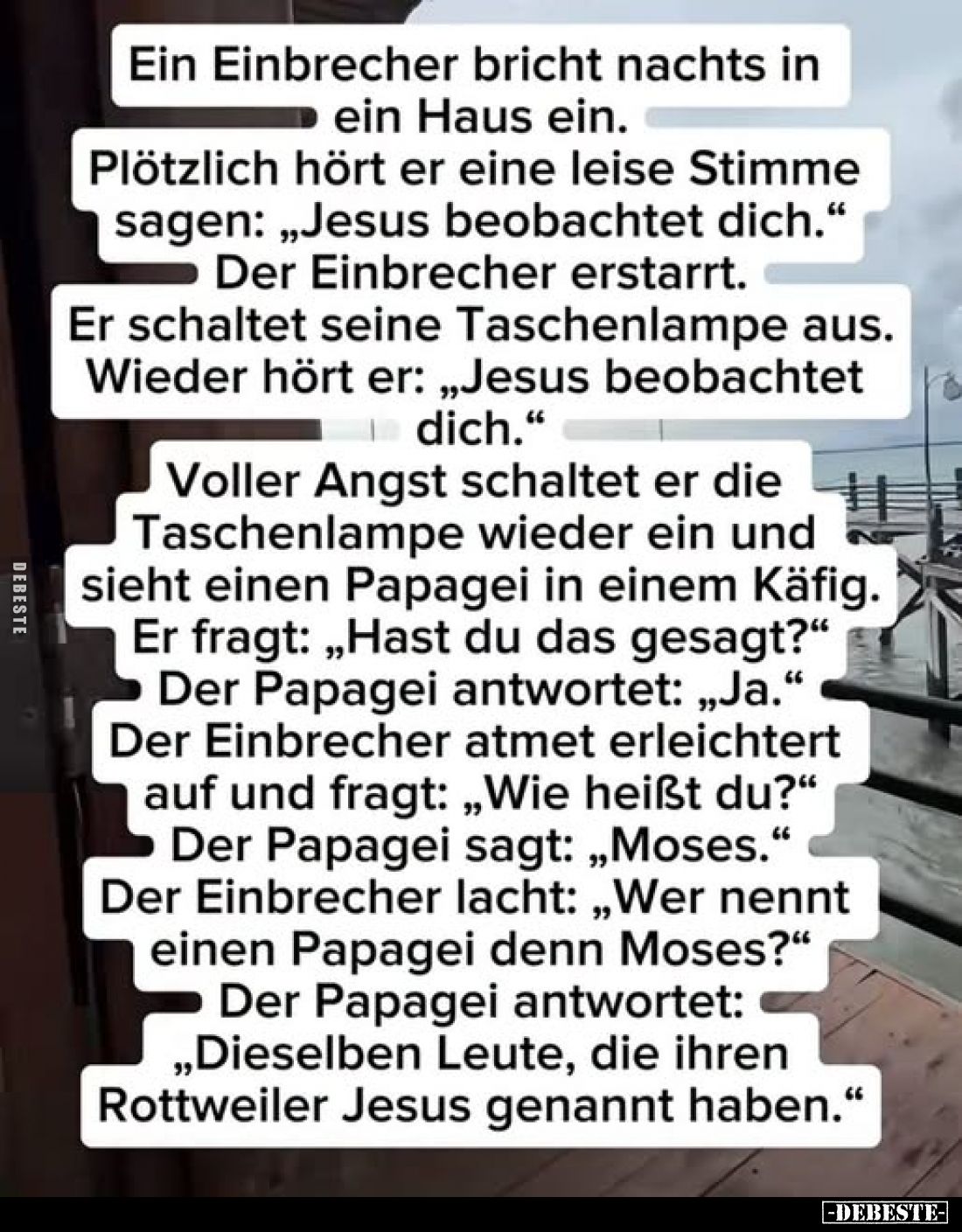 Ein Einbrecher bricht nachts in ein Haus ein.
Plötzlich hört er eine leise Stimme sagen: „Jesus beobachtet dich."
Der ...