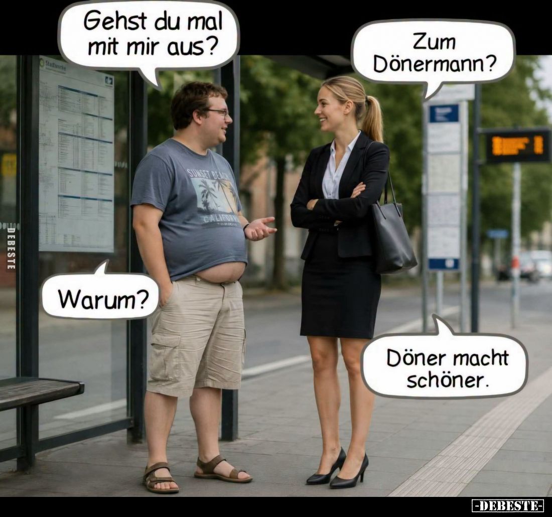 Gehst du mal mit mir aus? -
Zum Dönermann? -
Warum? -
Döner macht schöner.