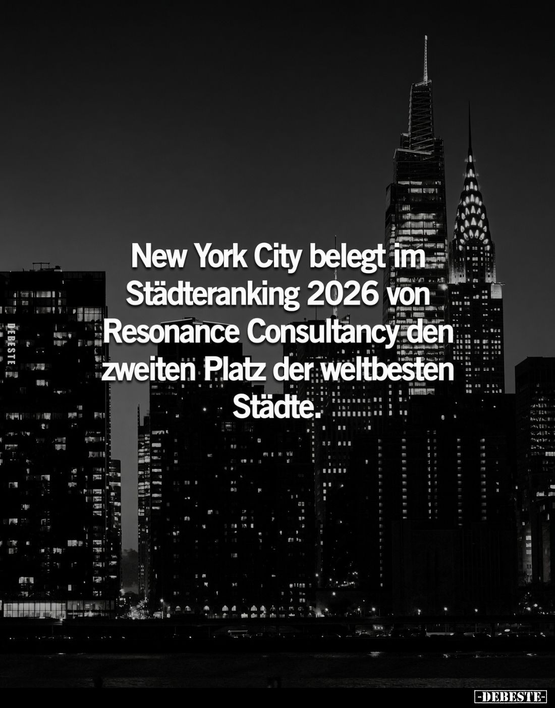New York City belegt im Städteranking 2026 von Resonance Consultancy den zweiten Platz der weltbesten Städte.