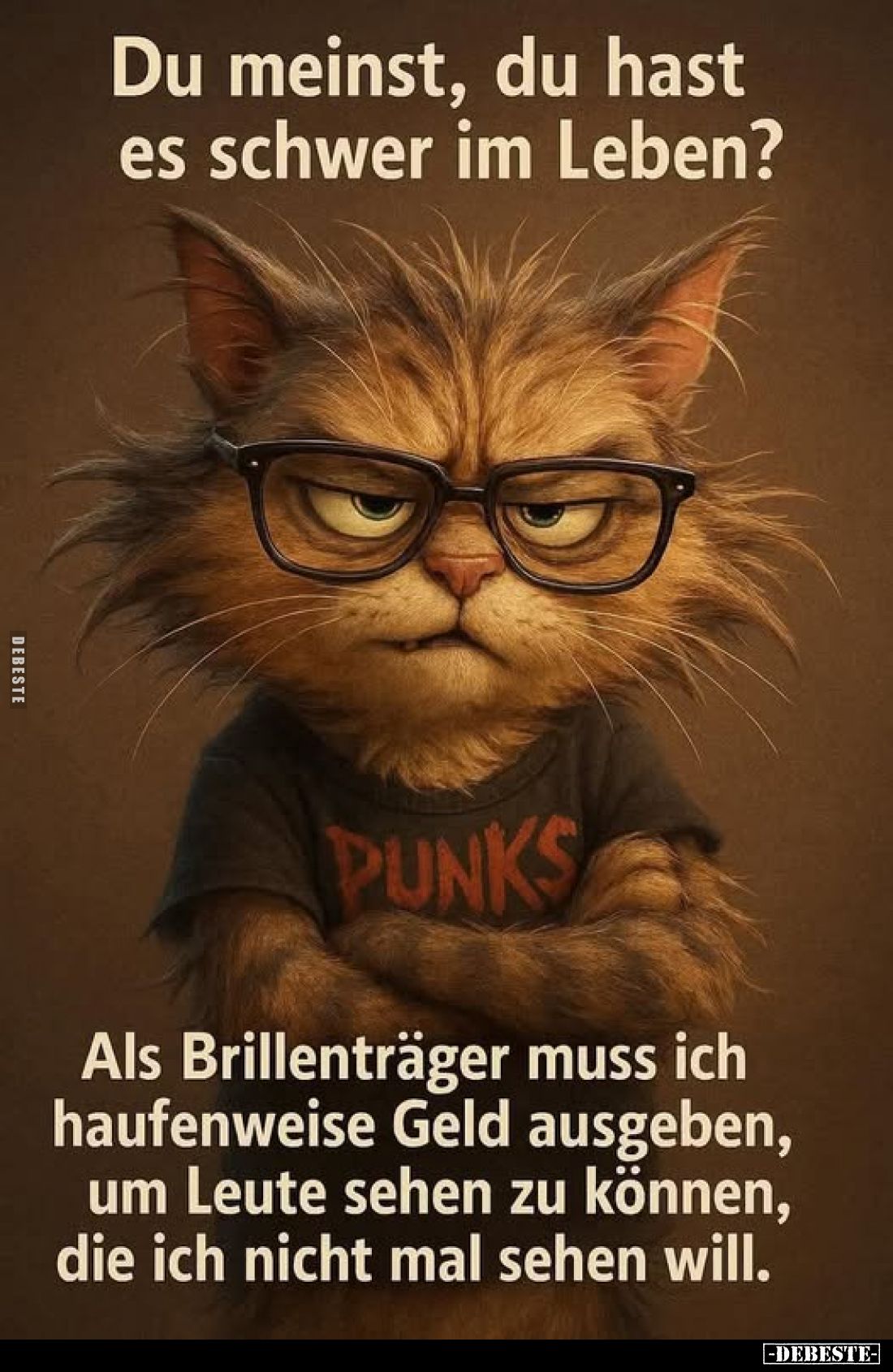 Du meinst, du hast es schwer im Leben?

Als Brillenträger muss ich haufenweise Geld ausgeben, um Leute sehen zu können, die...