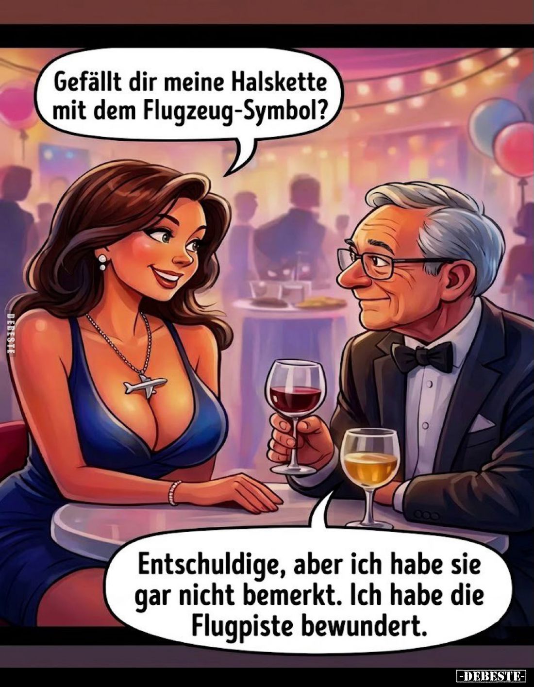 Gefällt dir meine Halskette mit dem Flugzeug-Symbol? -
Entschuldige, aber ich habe sie gar nicht bemerkt. Ich habe die Flugp...