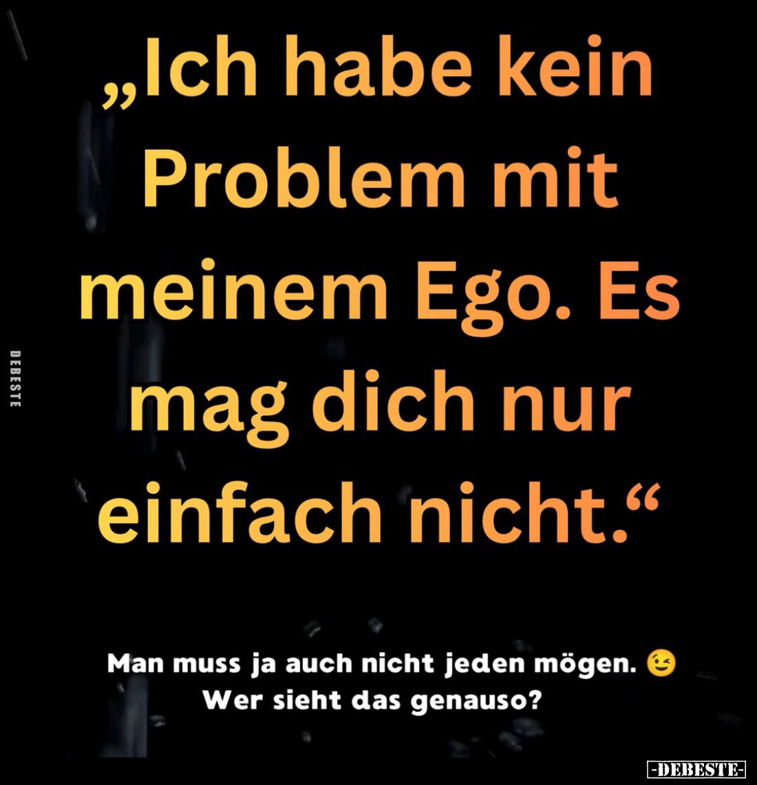 Ich habe kein Problem mit meinem Ego. Es mag dich nur einfach nicht.

Man muss ja auch nicht jeden mögen.  Wer sieht das ge...