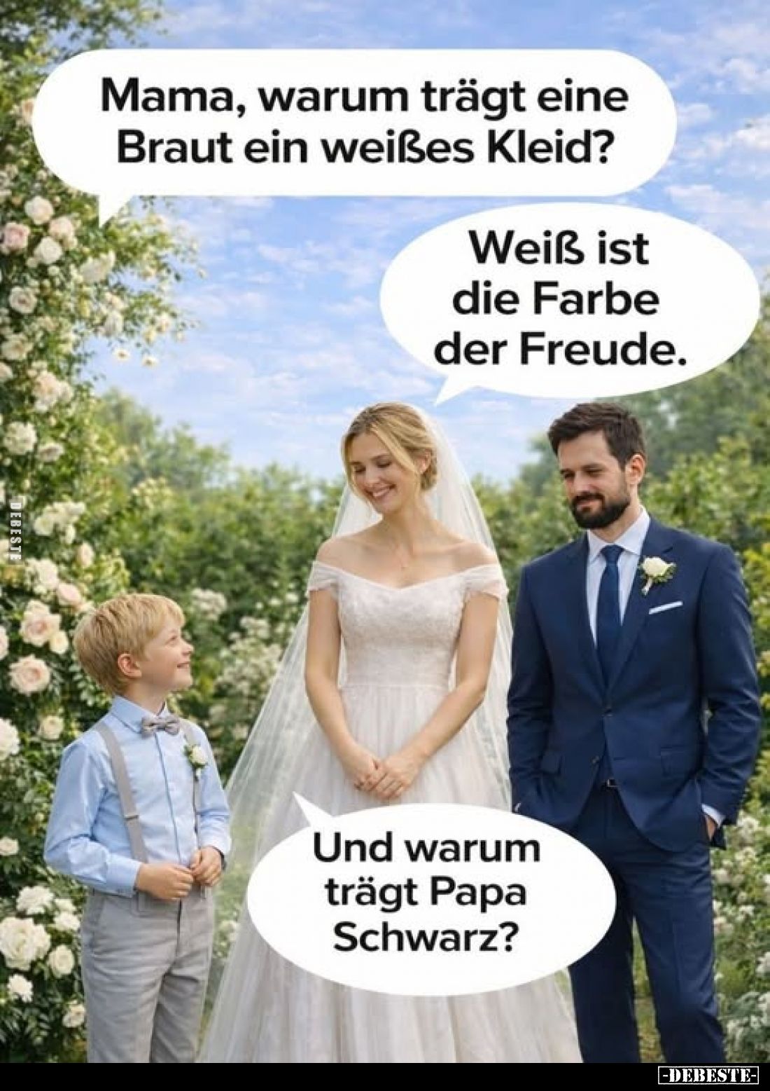 Mama, warum trägt eine Braut ein weißes Kleid?
Weiß ist die Farbe der Freude.
Und warum trägt Papa Schwarz?
