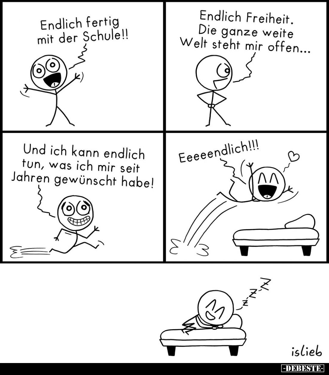 Endlich fertig mit der Schule!! -
Endlich Freiheit. Die ganze weite Welt steht mir offen... -
Und ich kann endlich tun, was...