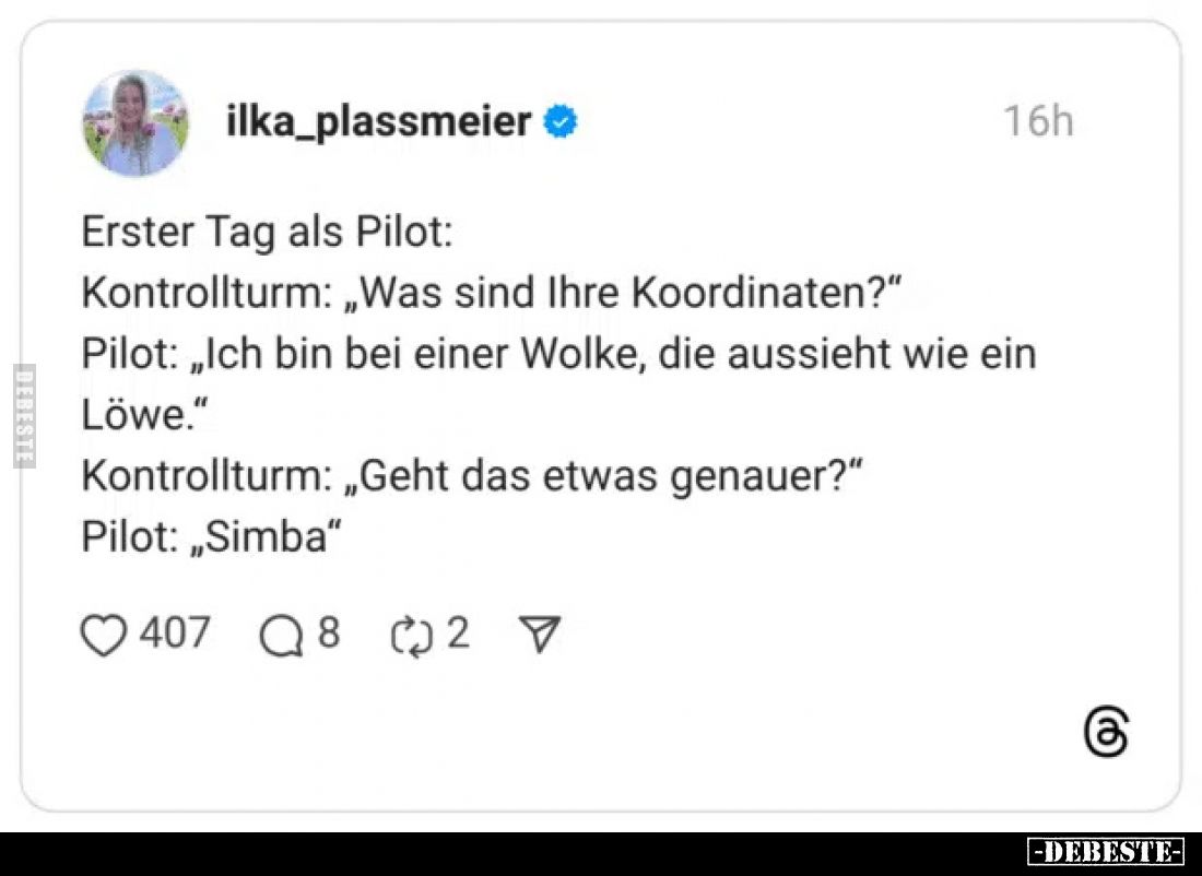 Erster Tag als Pilot:
Kontrollturm: „Was sind Ihre Koordinaten?"
Pilot: „Ich bin bei einer Wolke, die aussieht wie ein...