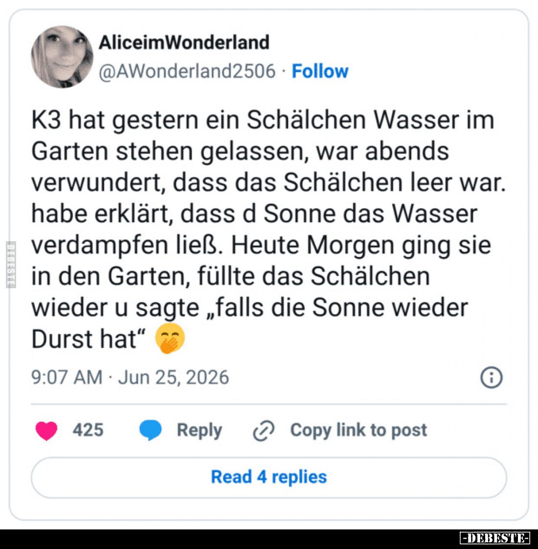 K3 hat gestern ein Schälchen Wasser im Garten stehen gelassen, war abends verwundert, dass das Schälchen leer war.
habe erkl...