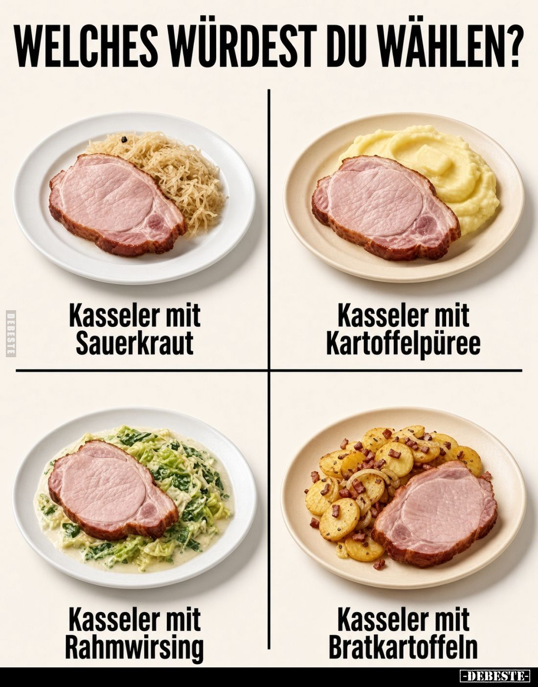 Welches würdest du wählen?

Kasseler mit Sauerkraut.
Kasseler mit Kartoffelpüree.
Kasseler mit Rahmwirsing.
Kasseler mit...